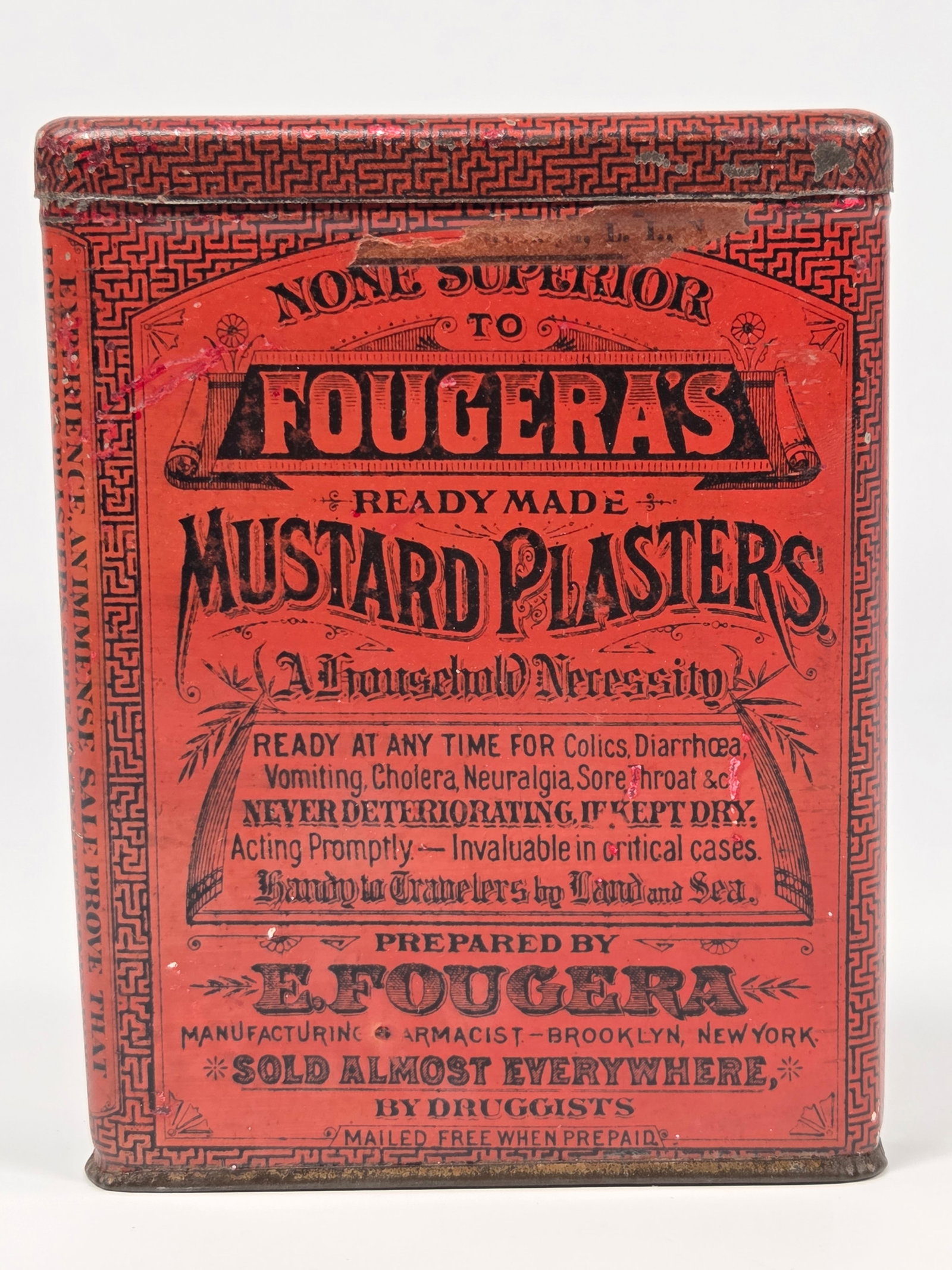 E. FOUGERA CHEMIST MUSTARD PLASTERS TIN: REMAINS IN FAIR TO GOOD CONDITION, SHOWING SOME TYPICAL WEAR.