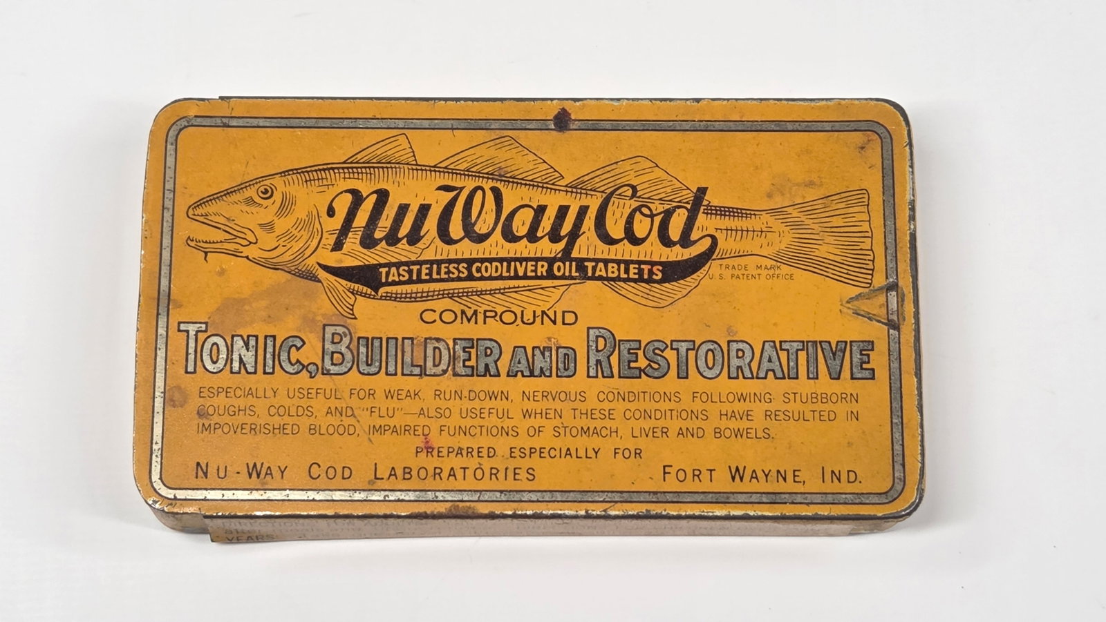 NU WAY COD COMPOUND TIN: REMAINS IN FAIR TO GOOD CONDITION, SHOWING SOME TYPICAL WEAR.