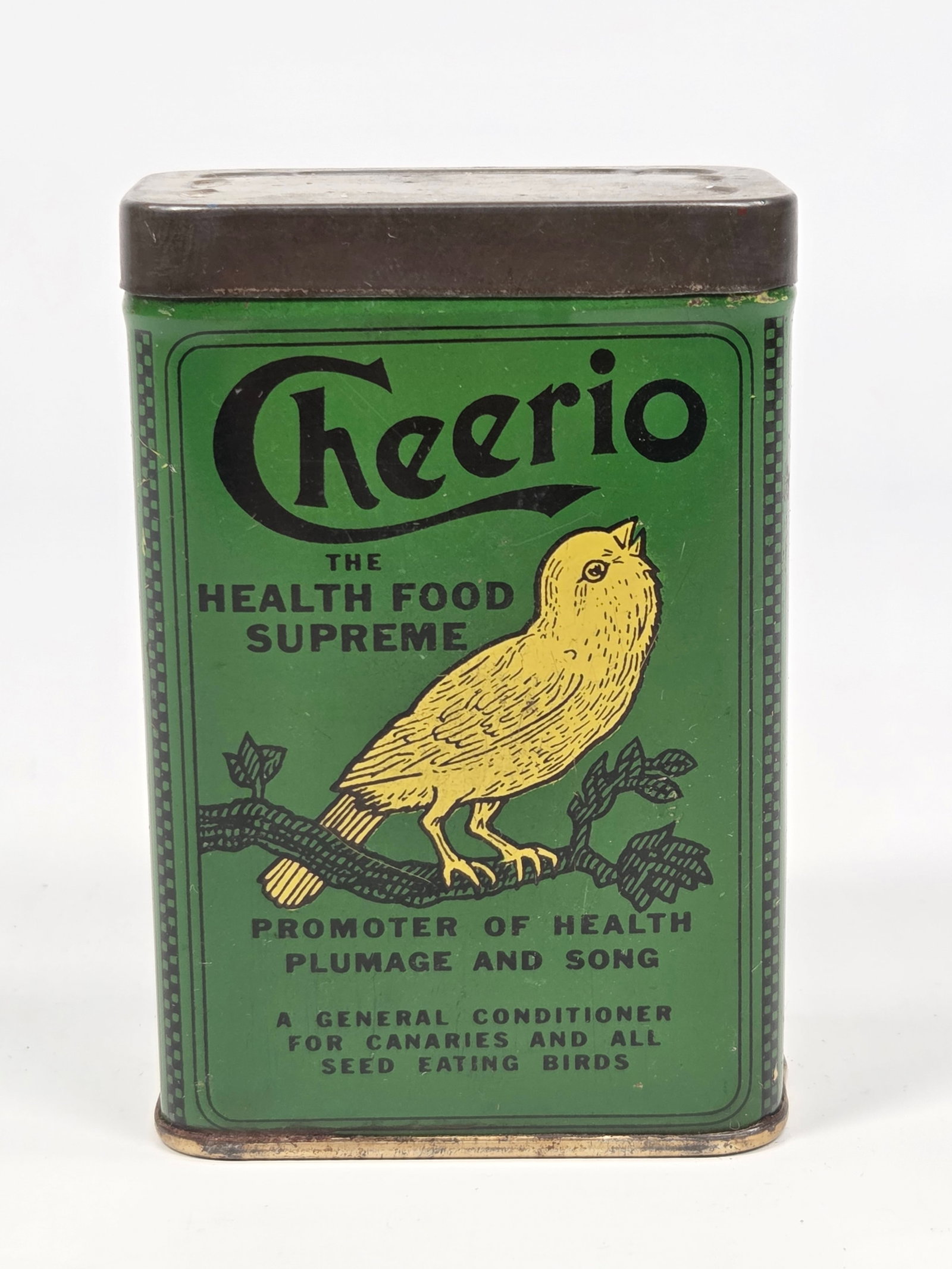 CHEERIO HEALTH FOOD SUPREME 3 1/2 OZ. TIN: REMAINS IN GOOD CONDITION, SHOWING SOME TYPICAL WEAR.