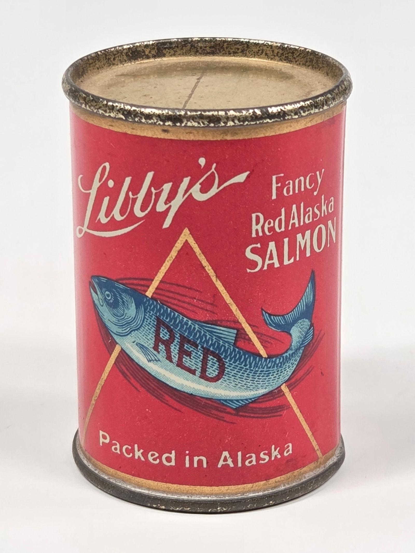MINIATURE LIBBY'S RED ALASKA SALMON TIN: REMAINS IN GOOD CONDITION, SHOWING SOME TYPICAL WEAR.