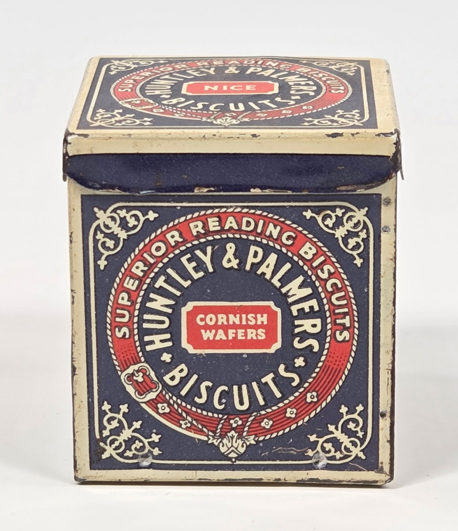 MINIATURE HUNTLEY & PALMERS CORNISH WAFERS TIN: REMAINS IN GOOD CONDITION, SHOWING SOME TYPICAL WEAR.