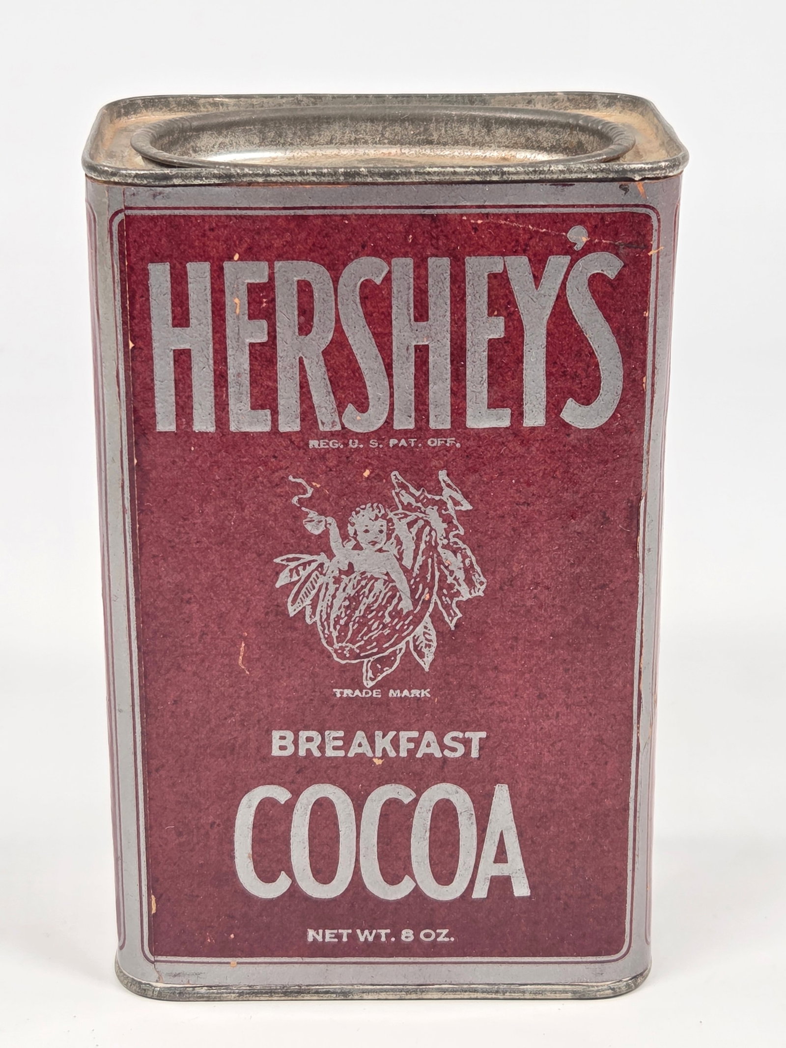 HERSHEY'S BREAKFAST COCOA PAPER LABEL 8 OZ. TIN: REMAINS IN GOOD CONDITION, SHOWING SOME TYPICAL WEAR.