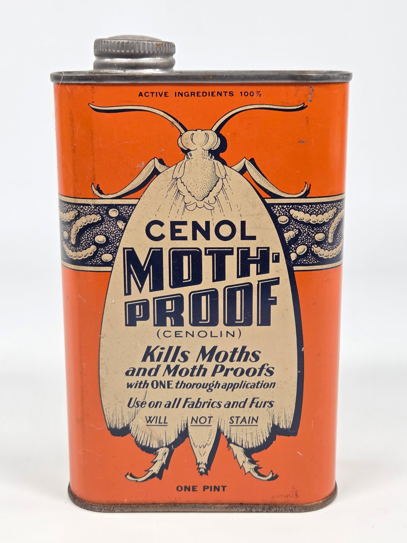 CENOL MOTH PROOF ONE PINT ADVERTISING TIN: REMAINS IN GOOD CONDITION, SHOWING SOME TYPICAL WEAR.