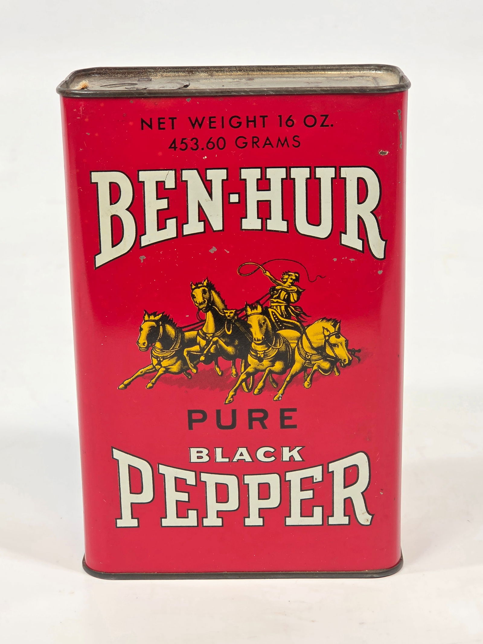 BEN HUR PURE BLACK PEPPER 16 OZ. TIN: REMAINS IN GOOD CONDITION, SHOWING SOME TYPICAL WEAR.