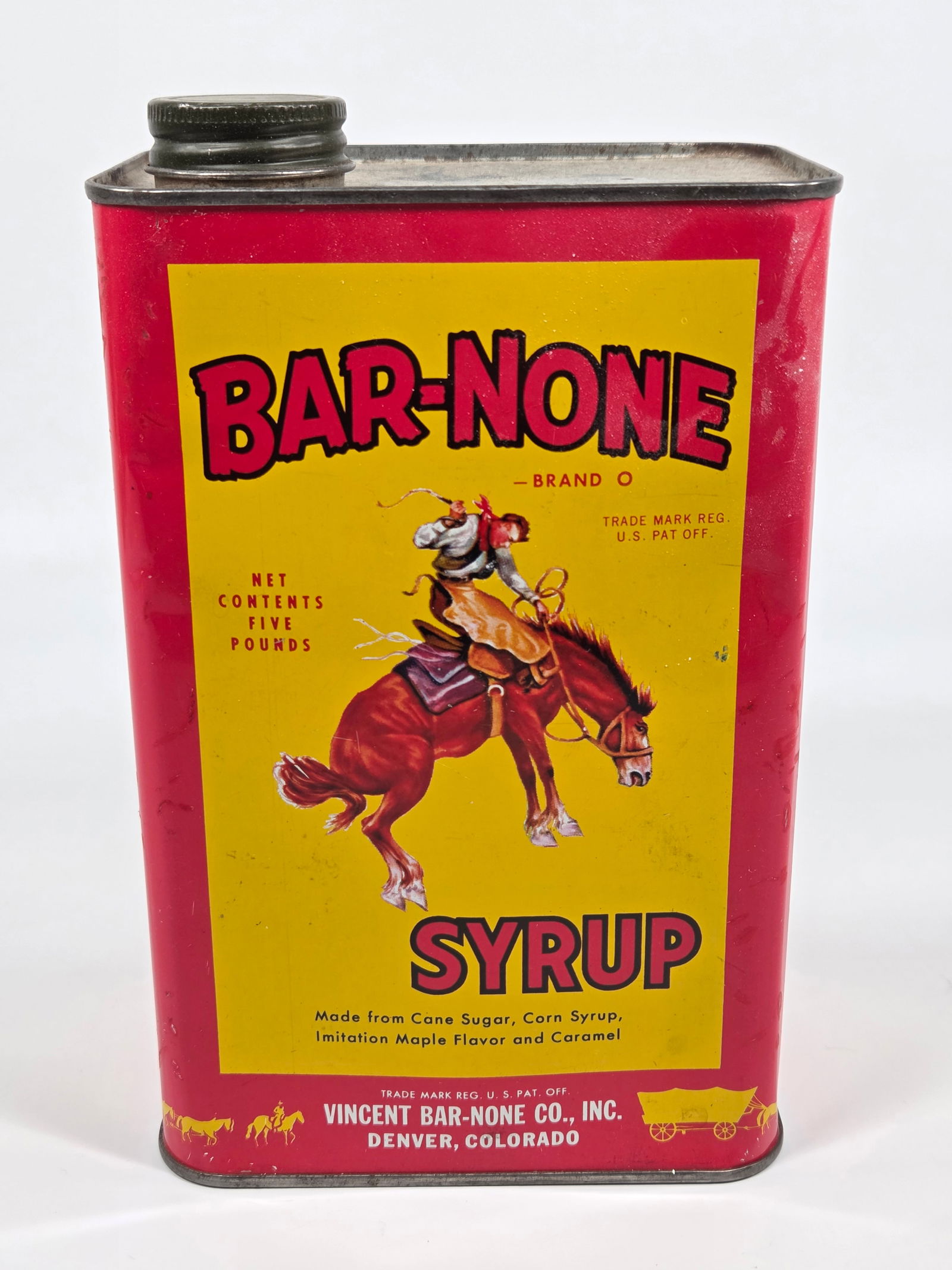 VINCENT BAR-NONE CO. 5 POUND SYRUP TIN: REMAINS IN GOOD CONDITION, SHOWING SOME TYPICAL WEAR.