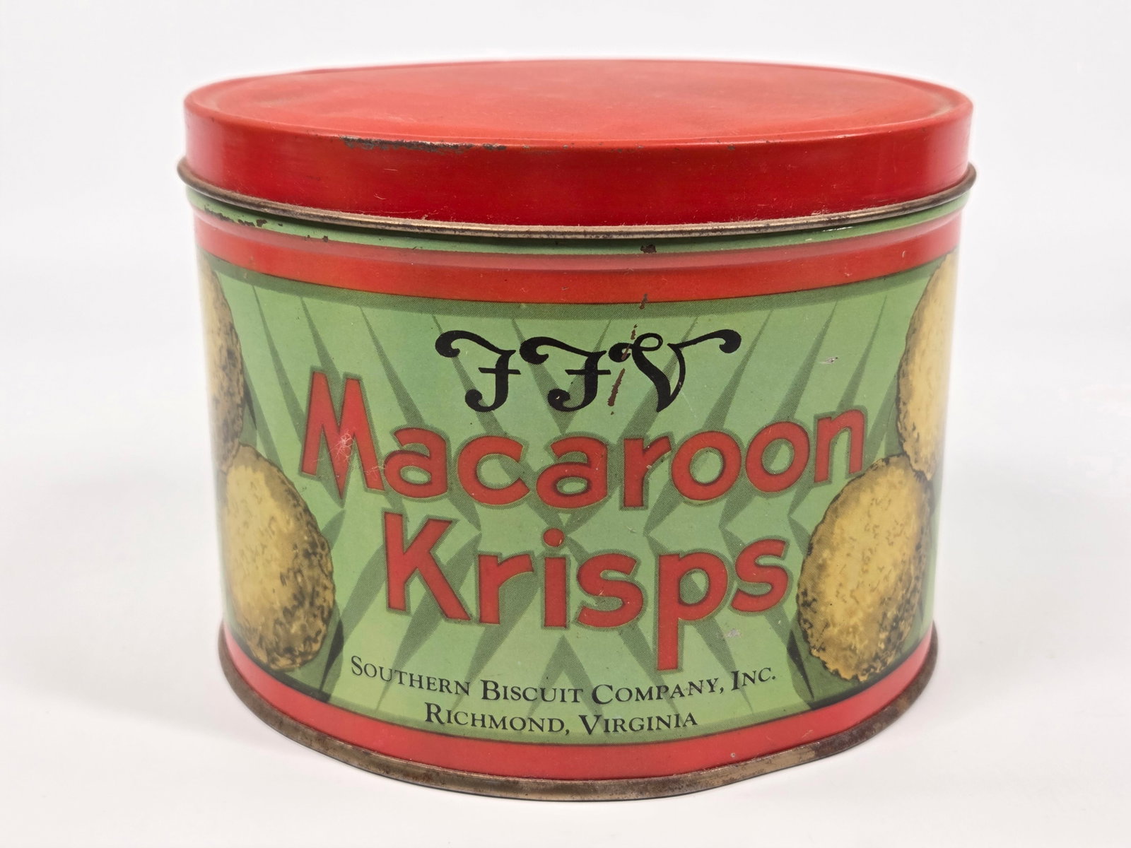 SOUTHERN BISCUIT CO. FFV MACAROON KRISPS TIN: REMAINS IN GOOD CONDITION, SHOWING SOME TYPICAL WEAR.