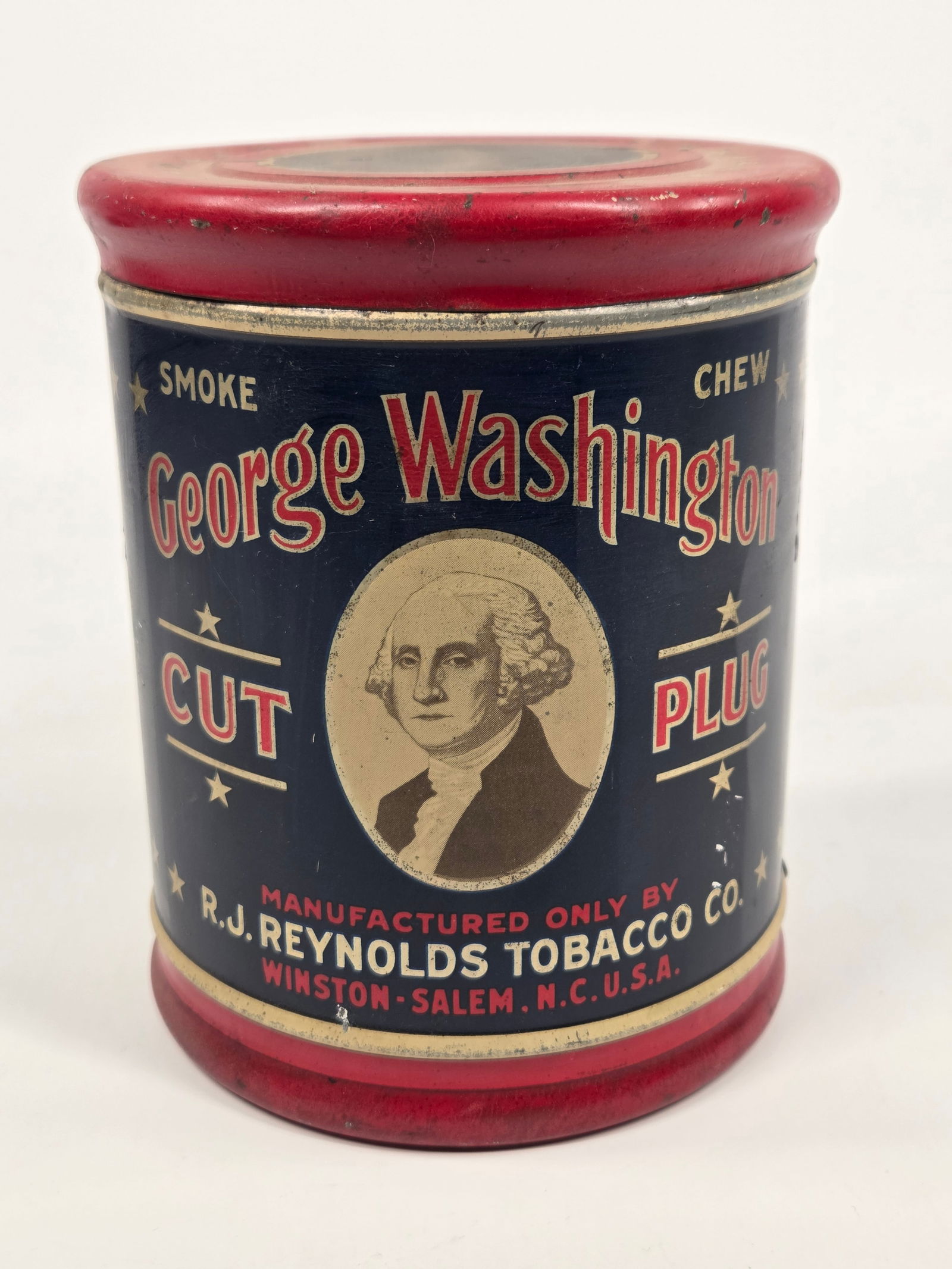 R.J. REYNOLDS GEORGE WASHINGTON CUT PLUG TOBACCO TIN: REMAINS IN GOOD CONDITION, SHOWING SOME TYPICAL WEAR.