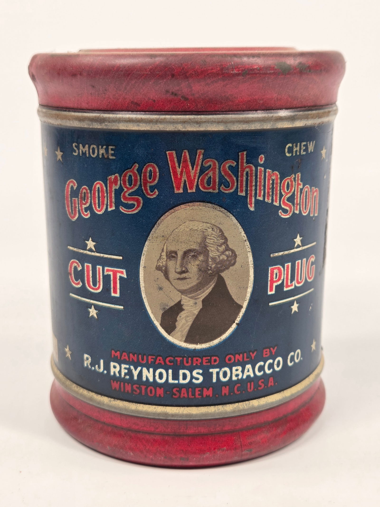 R.J. REYNOLDS GEORGE WASHINGTON CUT PLUG TOBACCO TIN: REMAINS IN FAIR TO GOOD CONDITION, SHOWING SOME TYPICAL WEAR.