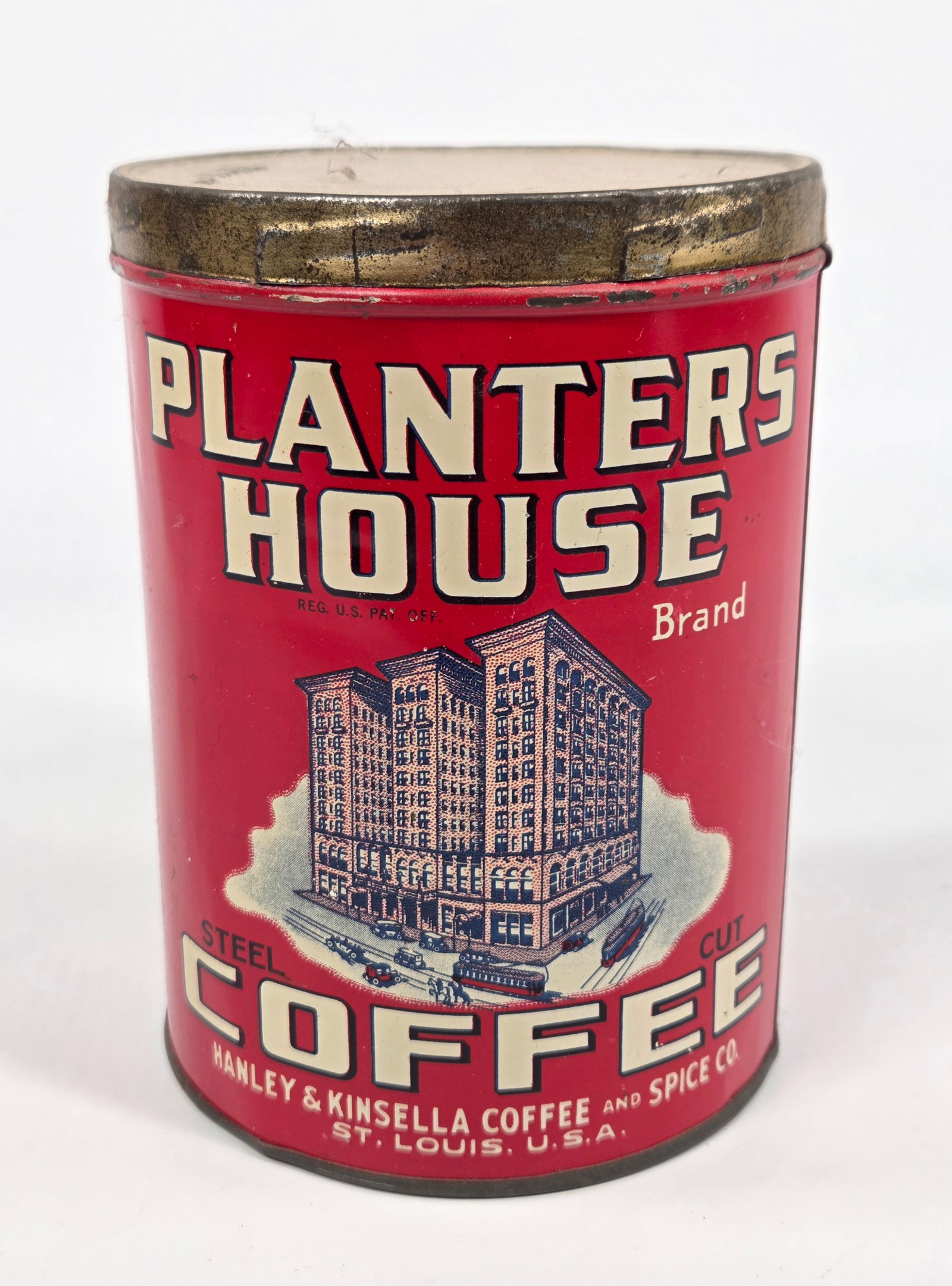 HANLEY & KINSELLA PLANTERS HOUSE COFFEE TIN: REMAINS IN GOOD CONDITION, SHOWING SOME TYPICAL WEAR.