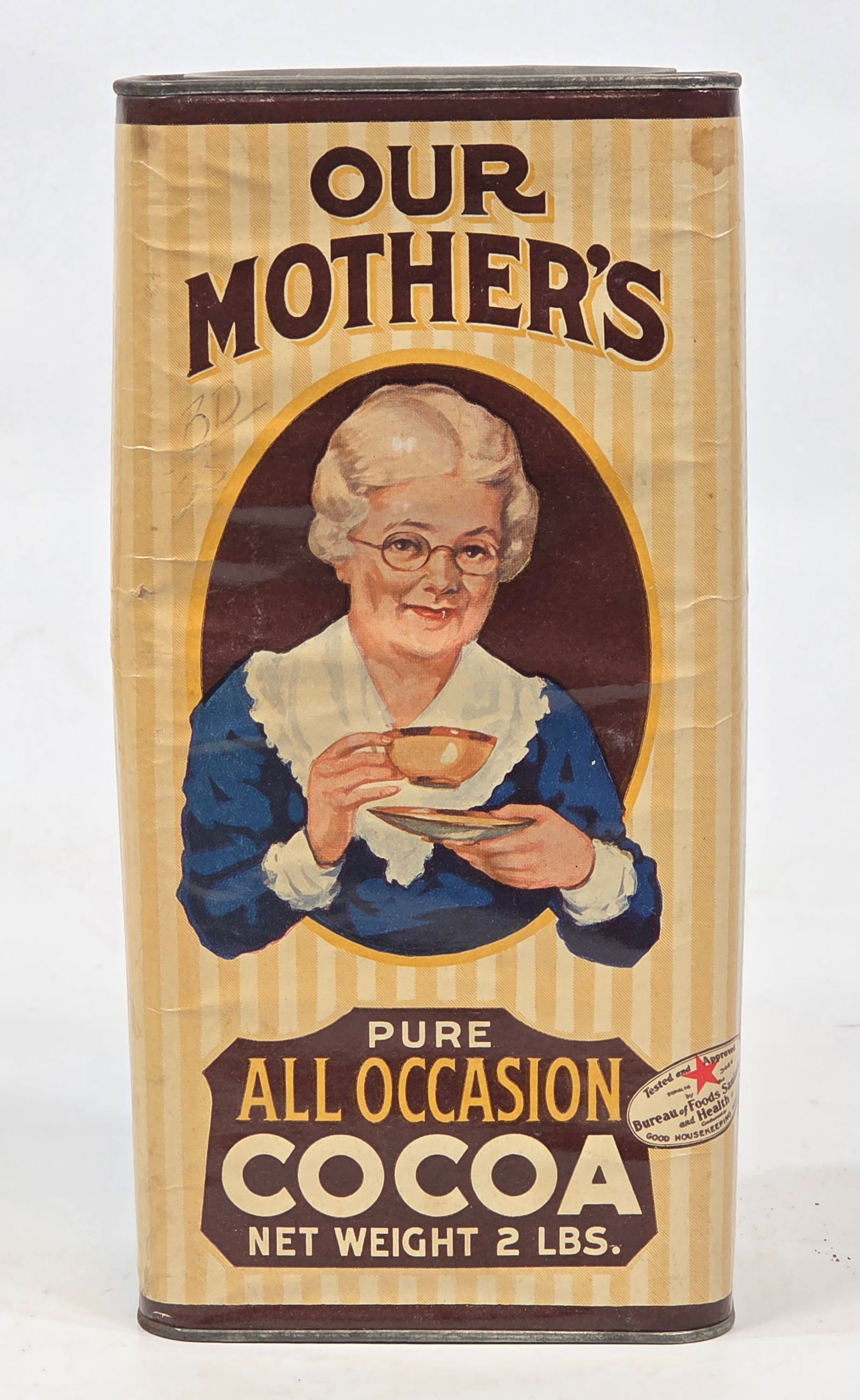OUR MOTHER'S PURE COCOA 2 LBS. TIN W/ PAPER LABEL: REMAINS IN GOOD CONDITION, SHOWING SOME TYPICAL WEAR.