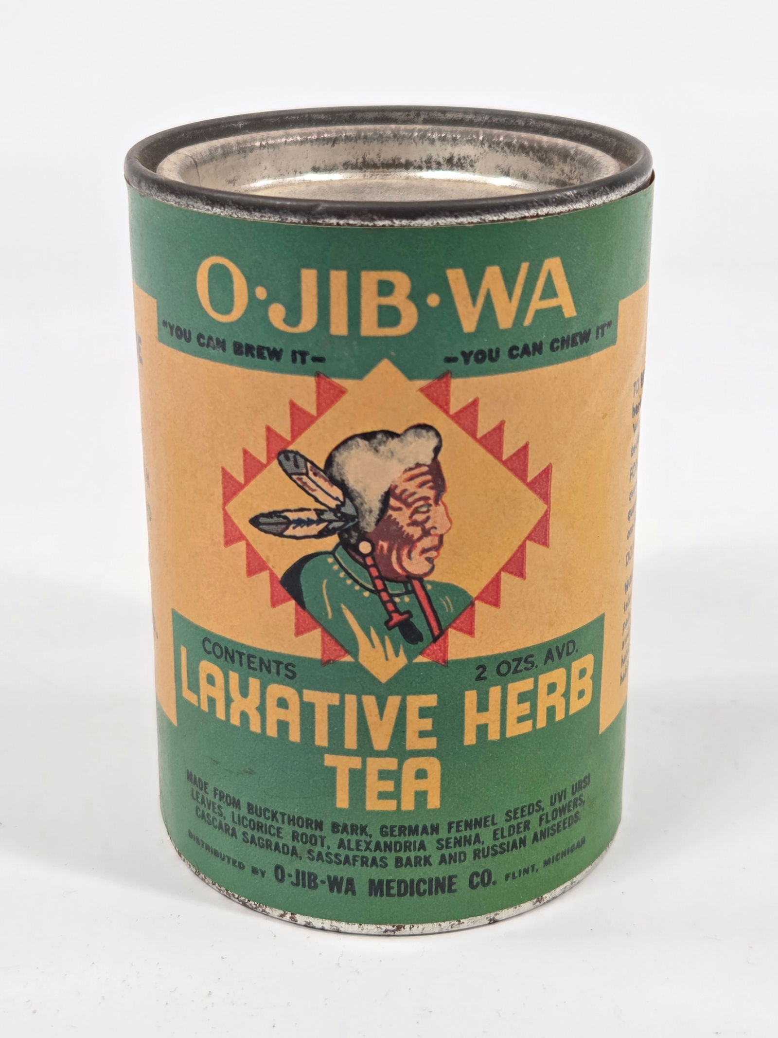 OJIBWA LAXATIVE HERB TEA TIN W/ PAPER LABEL: REMAINS IN GOOD CONDITION, SHOWING SOME TYPICAL WEAR.
