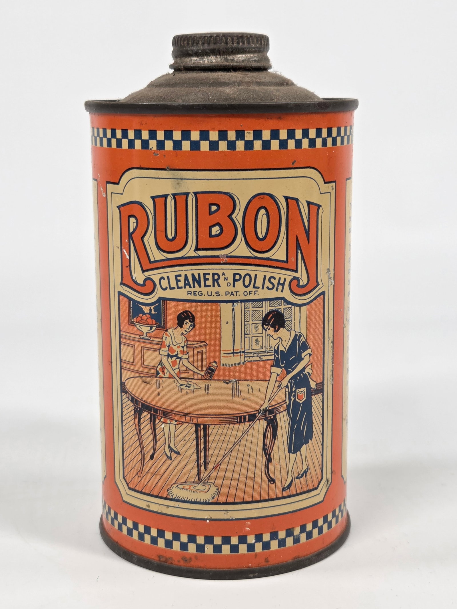 RUBON WOODFINISHING & PROD. CO. CLEANER POLISH TIN: REMAINS IN GOOD CONDITION, SHOWING SOME TYPICAL WEAR.