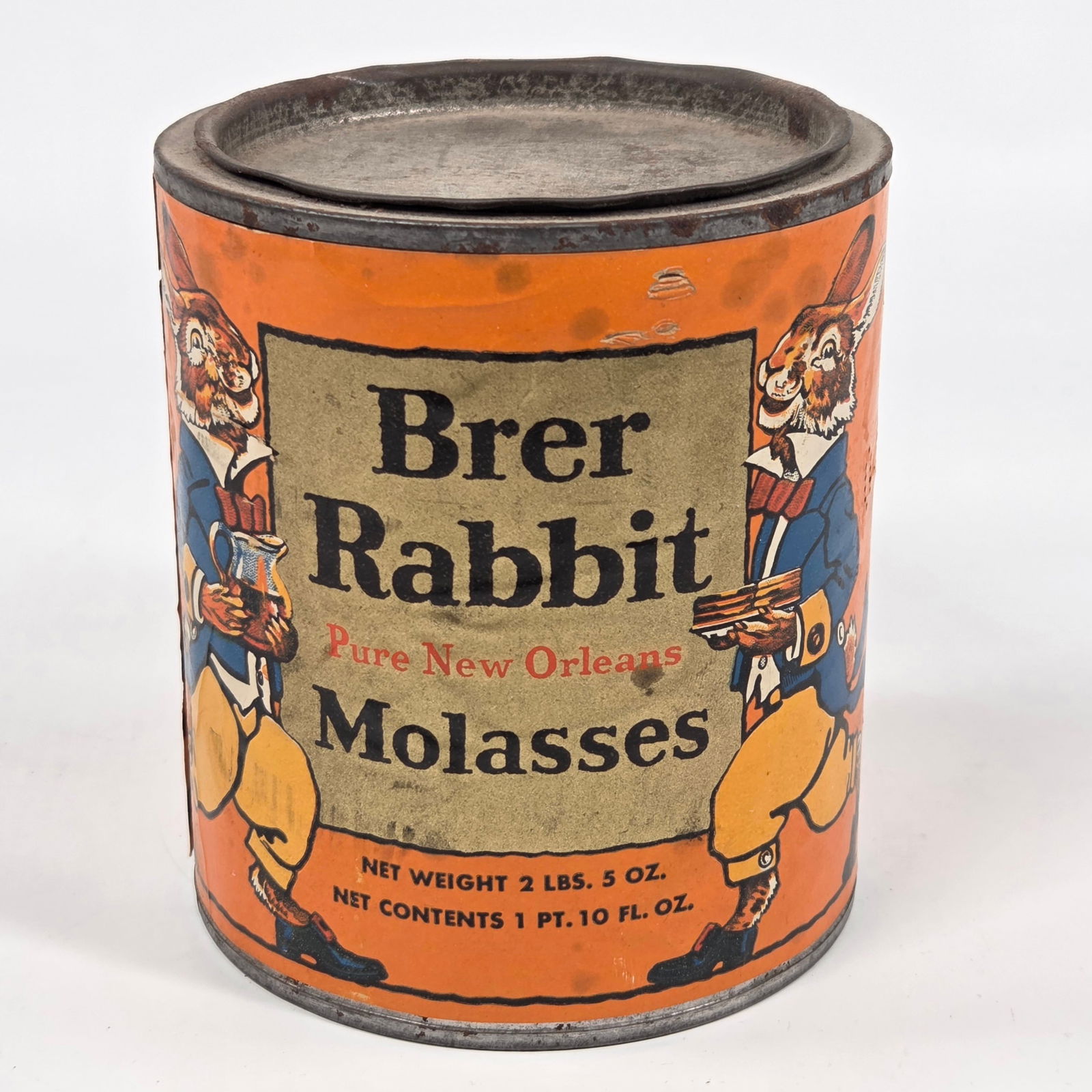 BRER RABBIT MOLASSES 2 LBS. TIN W/ PAPER LABEL: REMAINS IN GOOD CONDITION, SHOWING SOME TYPICAL WEAR.