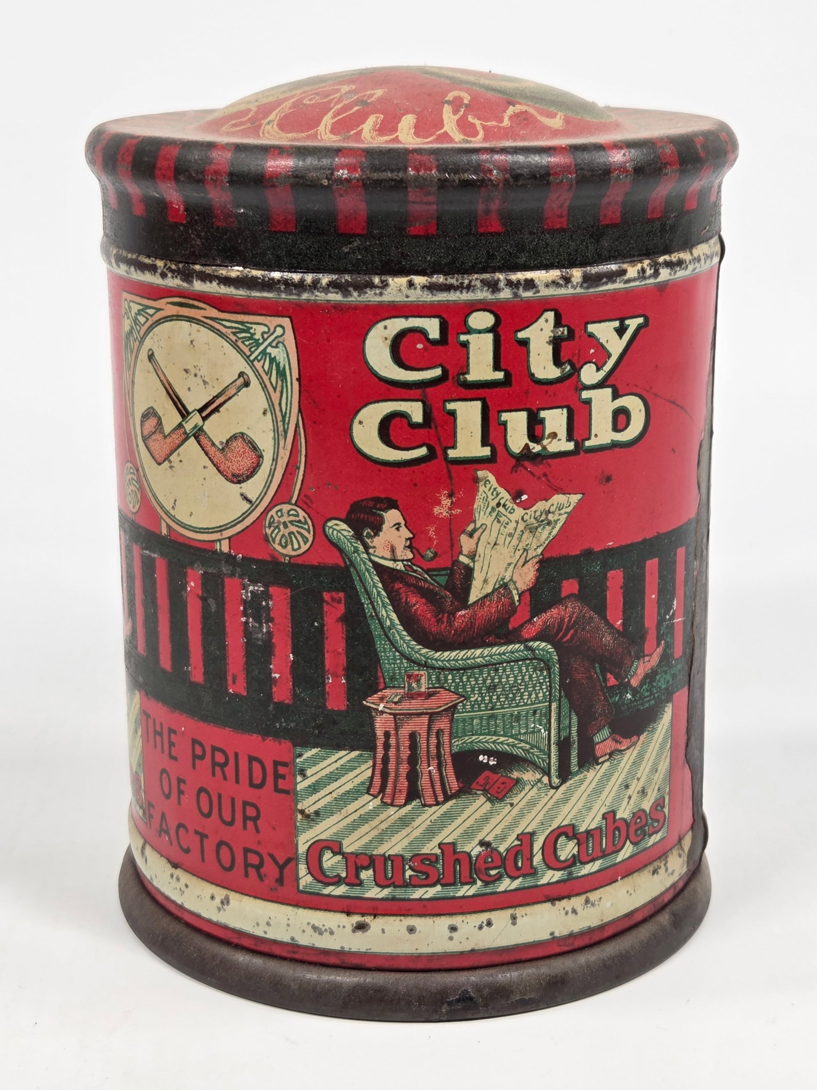VELVET CITY CLUB CRUSHED CUBS PIPE TOBACCO TIN: REMAINS IN FAIR TO GOOD CONDITION, SHOWING SOME TYPICAL WEAR.