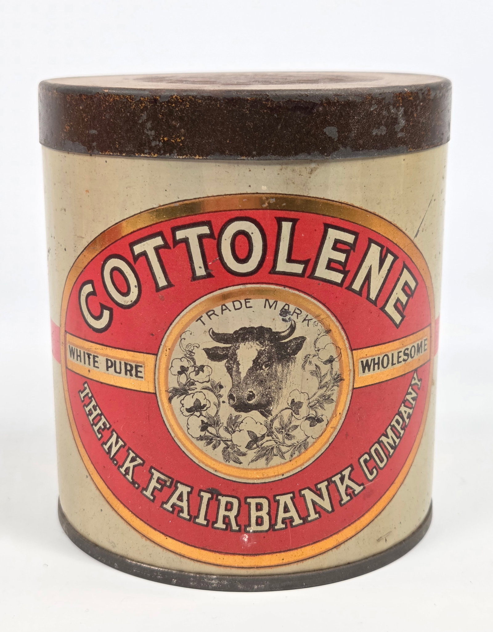 N.K. FAIRBANK COMPANY WHITE PURE COTTOLENE TIN: REMAINS IN GOOD CONDITION, SHOWING SOME TYPICAL WEAR.
