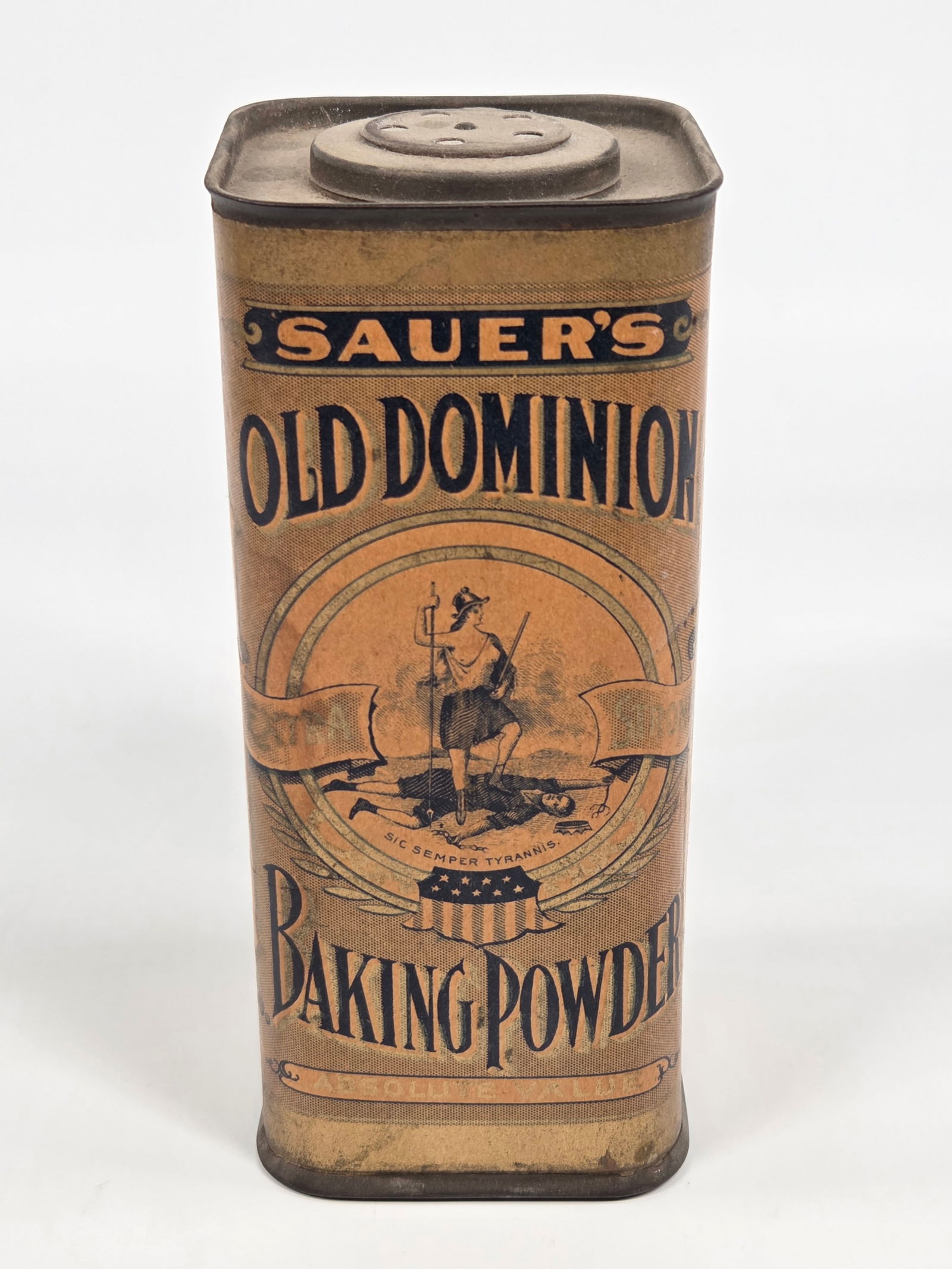 SAUER'S OLD DOMINION BAKING POWDER TIN W/ PAPER LABEL: REMAINS IN FAIR TO GOOD CONDITION, SHOWING SOME TYPICAL WEAR.