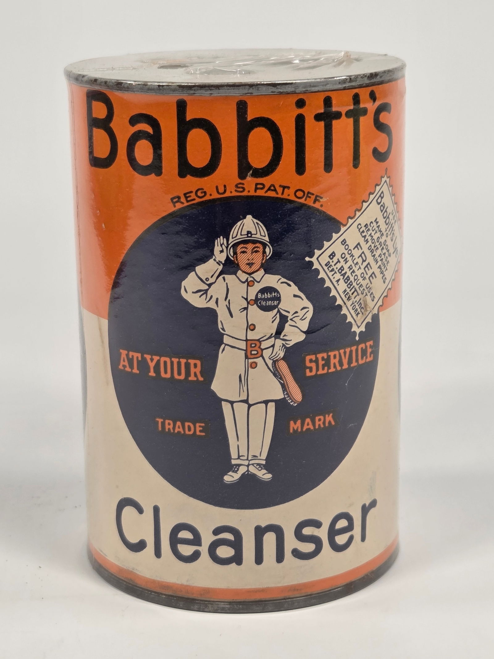 BABBITT'S CLEANSER TIN W/ PAPER LABEL: REMAINS IN GOOD CONDITION, SHOWING SOME TYPICAL WEAR. PLASTIC WRAPPED TO PROTECT LABEL.