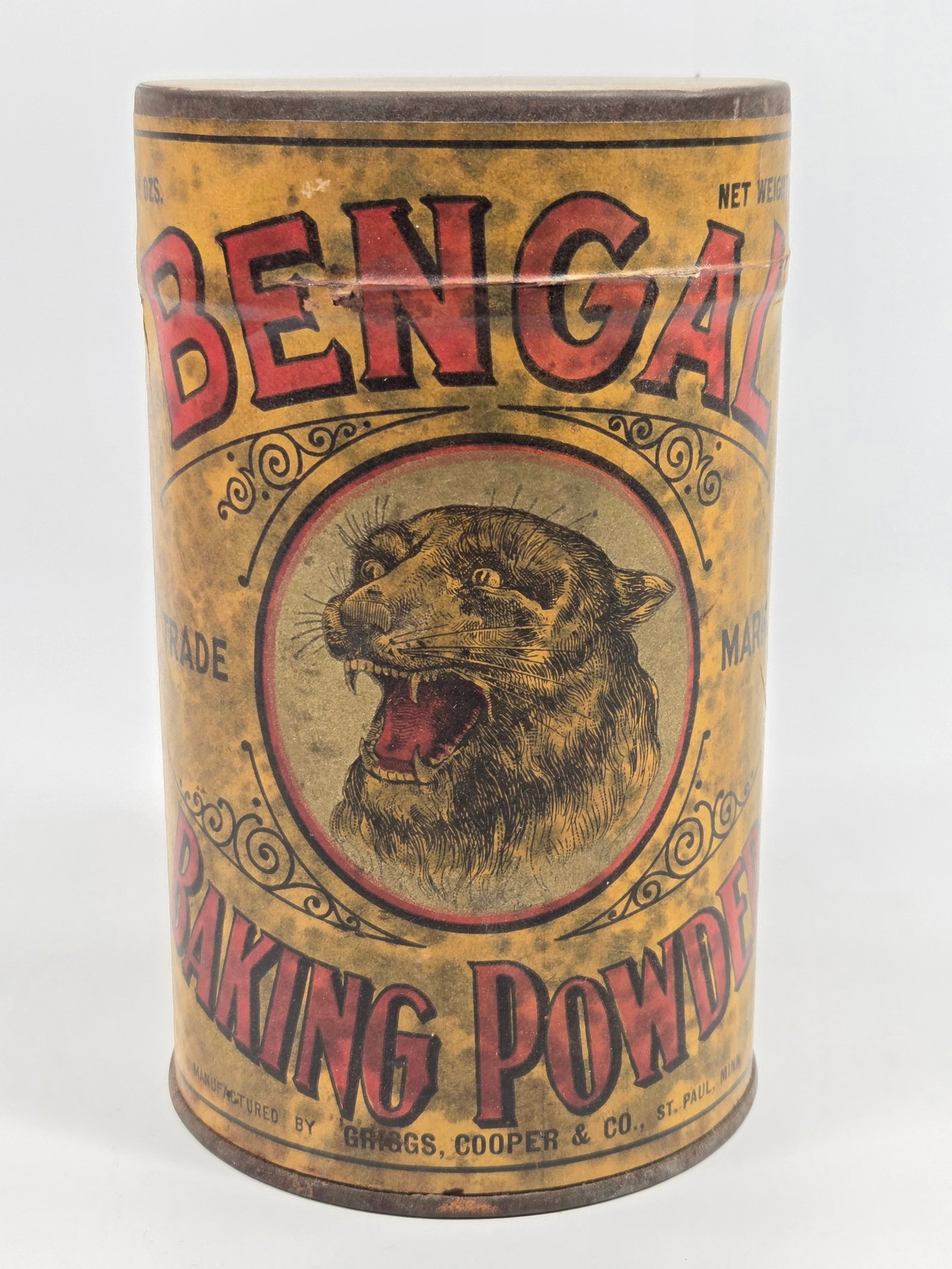 GRIGGS, COOPER & CO. BENGAL BAKING POWDER CONTAINER UNOPENED: REMAINS IN GOOD UNOPENED CONDITION. LABEL SHOWS SOME STAINING.