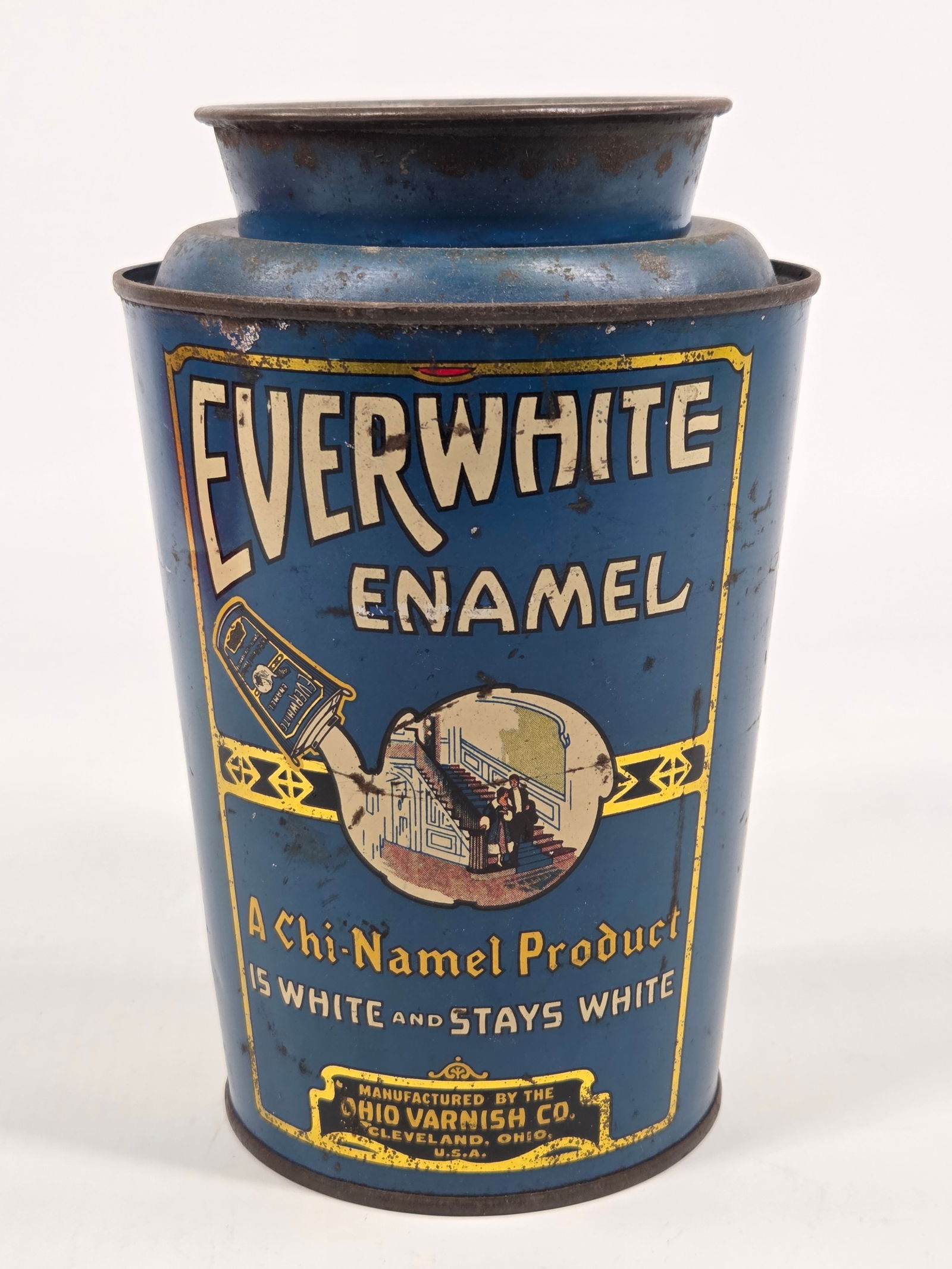 OHIO VARNISH CO. EVERWHITE ENAMEL TIN - UNOPENED: REMAINS IN FAIR UNOPENED CONDITION, SHOWING SOME TYPICAL WEAR.