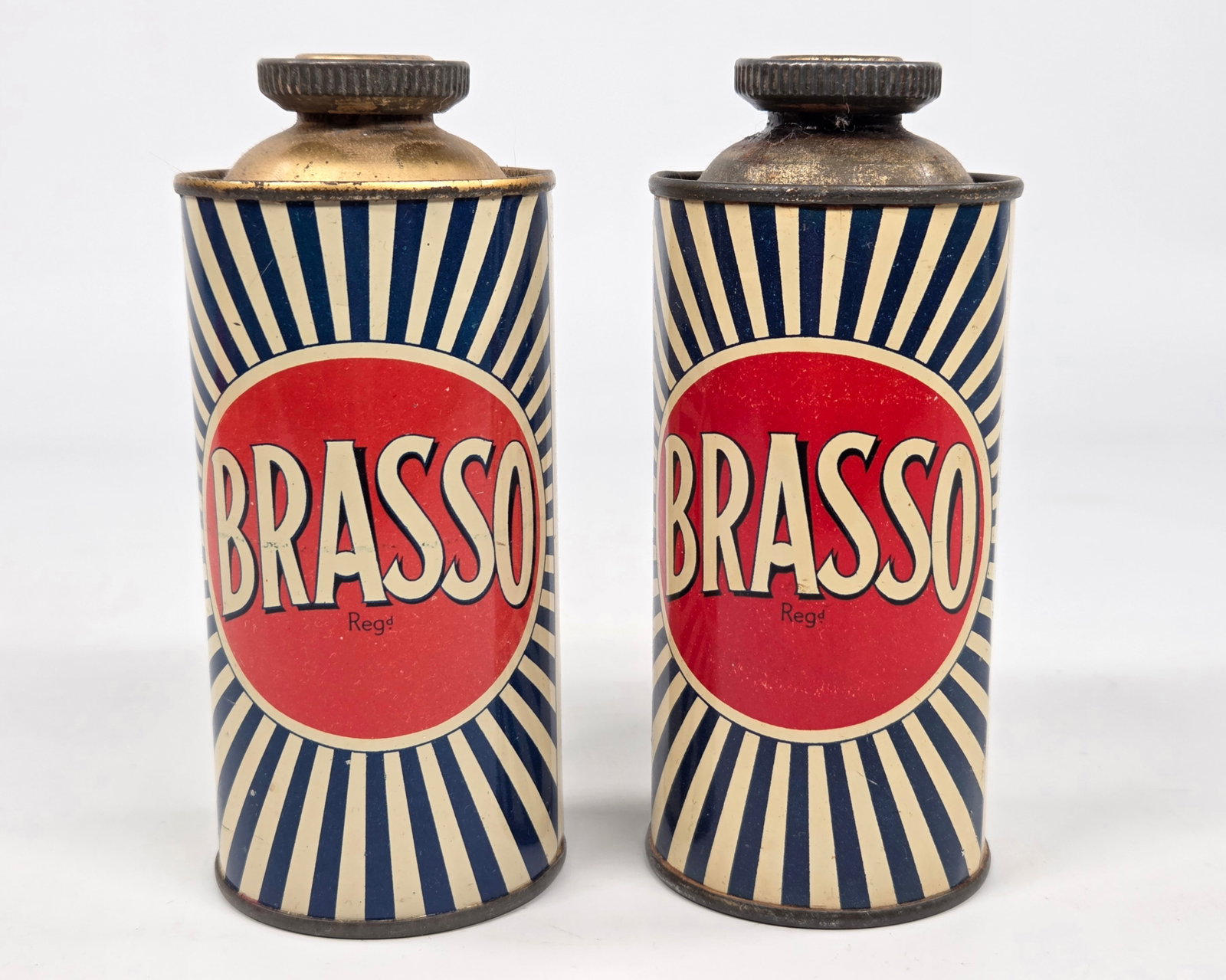 2) BRASSO METAL POLISH ADVERTISING TINS: BOTH REMAIN IN GOOD CONDITION, SHOWING SOME TYPICAL WEAR.