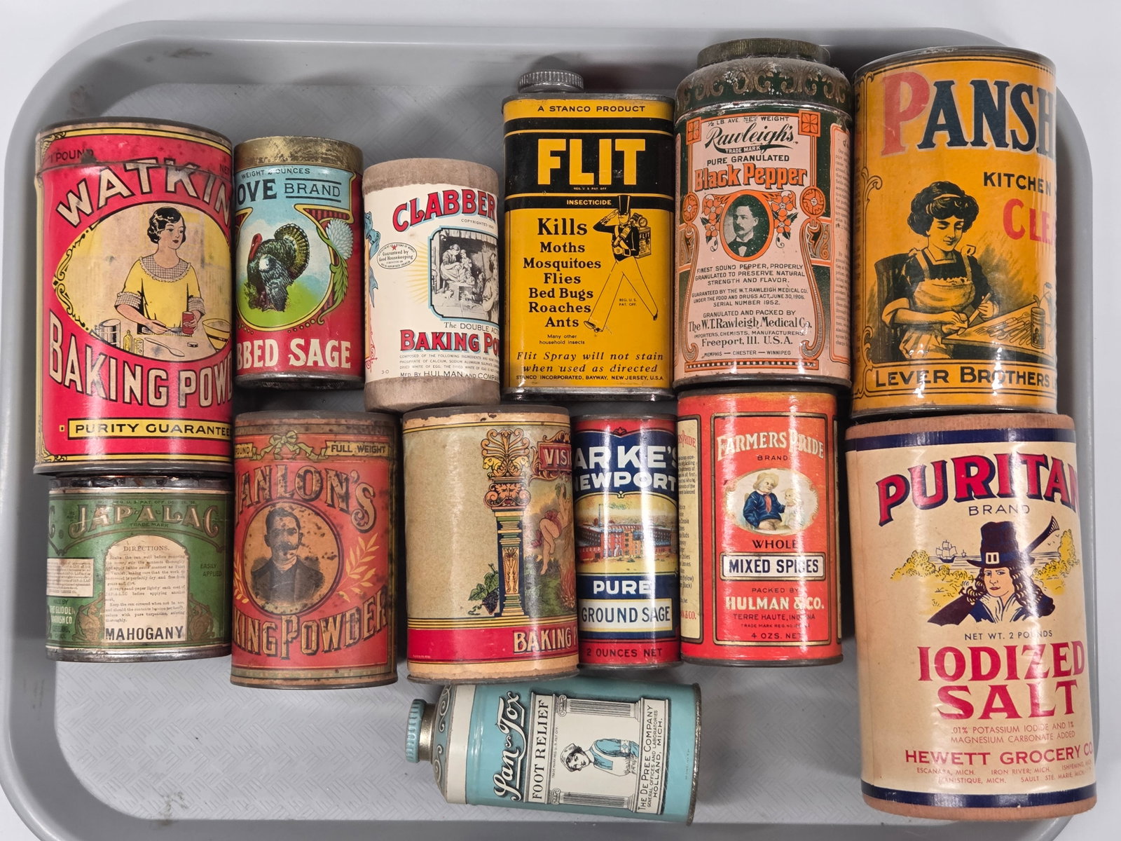 VARIOUS ADVERTISING TINS & CONTAINERS: ALL REMAIN IN GOOD CONDITION, SHOWING SOME TYPICAL WEAR.