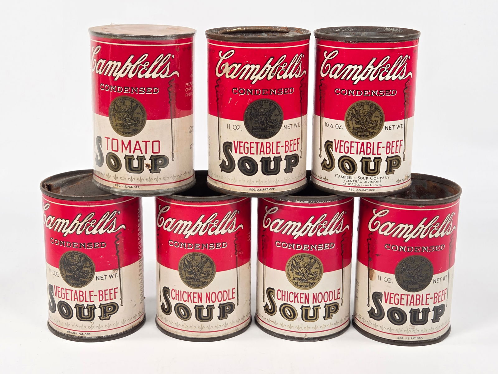 7) CAMPBELL'S PAPER LABEL SOUP CANS: ALL REMAIN IN FAIR TO GOOD CONDITION, SHOWING SOME TYPICAL WEAR.