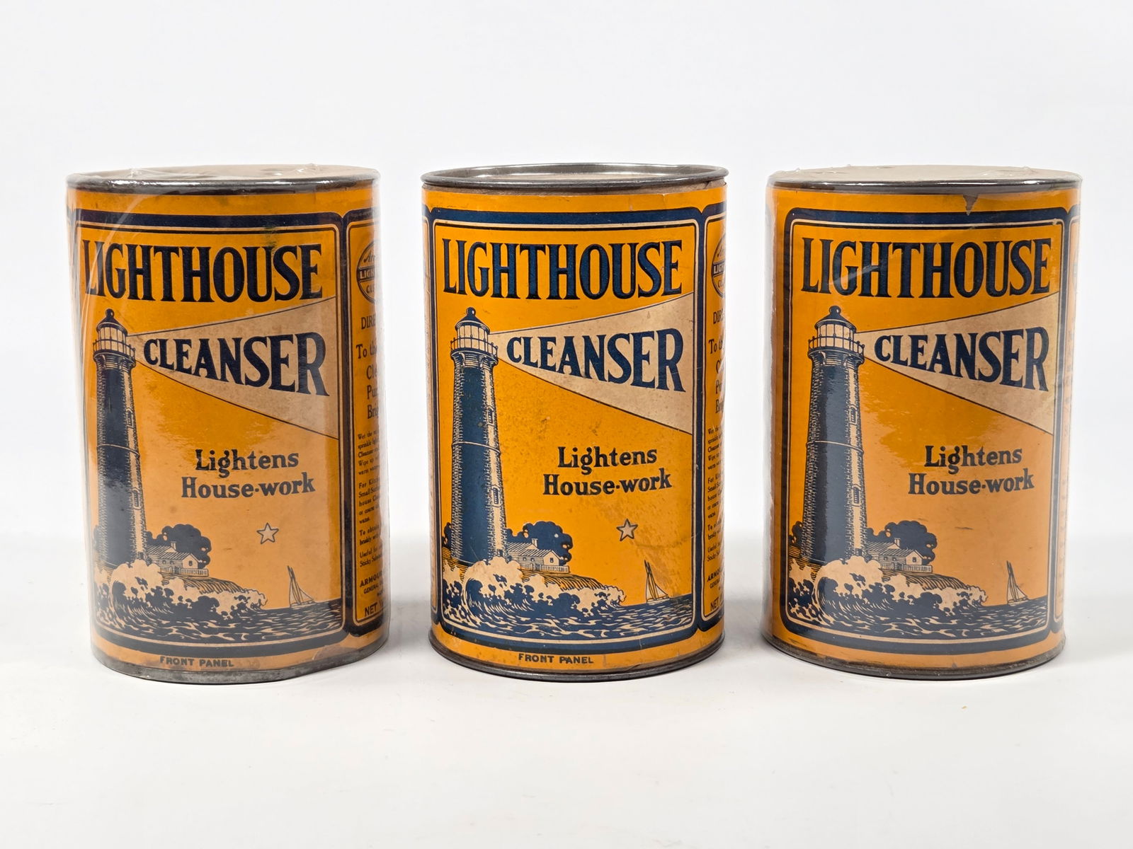 3) LIGHTHOUSE CLEANSER 14 OZ. ADVERTISING TINS PAPER LABELS: ALL REMAIN IN GOOD CONDITION, SHOWING SOME TYPICAL WEAR.