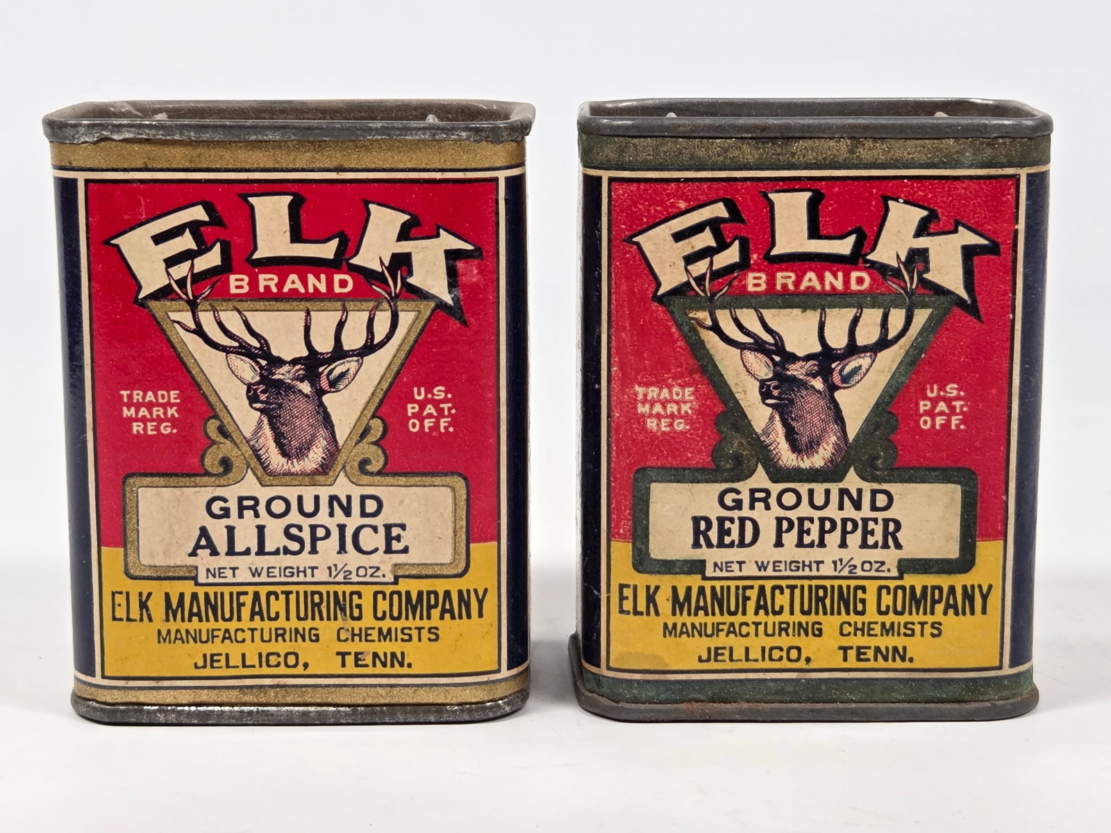 ELK BRAND ALLSPICE & RED PEPPER SPICE TINS: BOTH REMAIN IN GOOD CONDITION, SHOWING SOME TYPICAL WEAR.