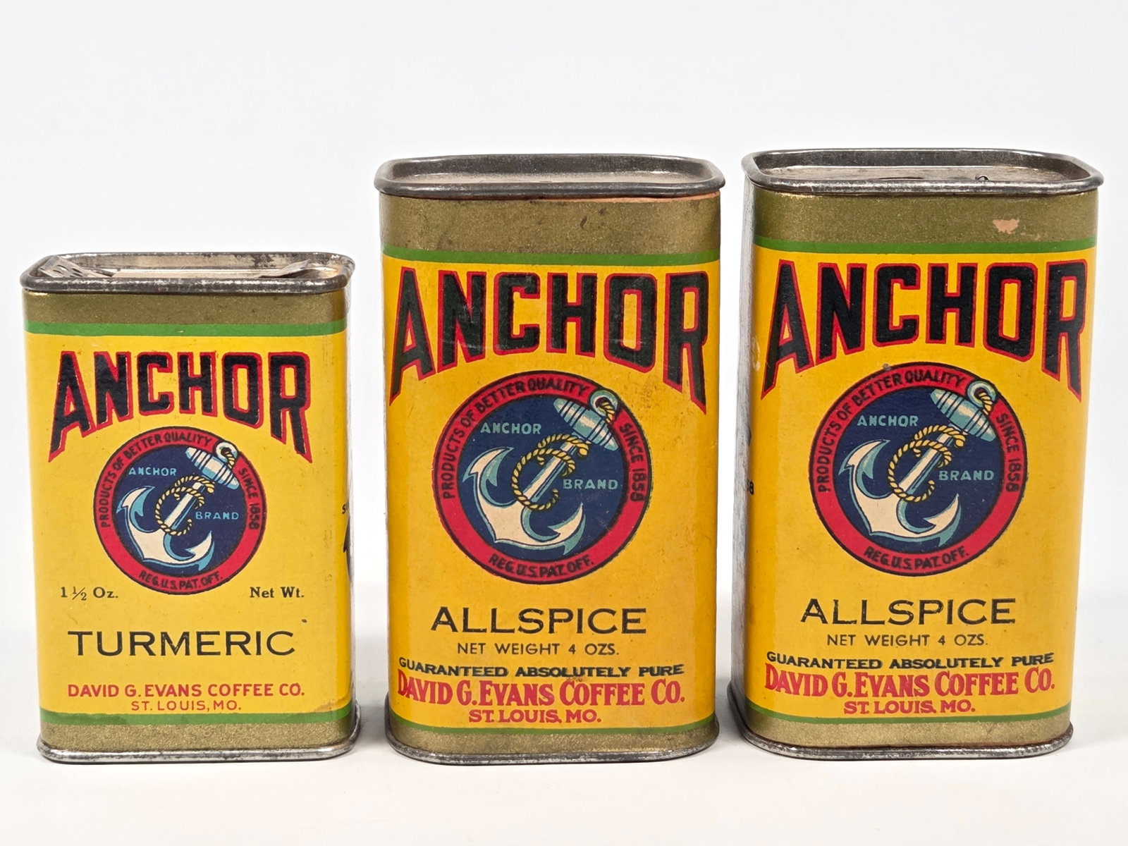 ANCHOR BRAND ALLSPICE & TURMERIC SPICE TINS: ALL REMAIN IN GOOD CONDITION, SHOWING SOME TYPICAL WEAR.