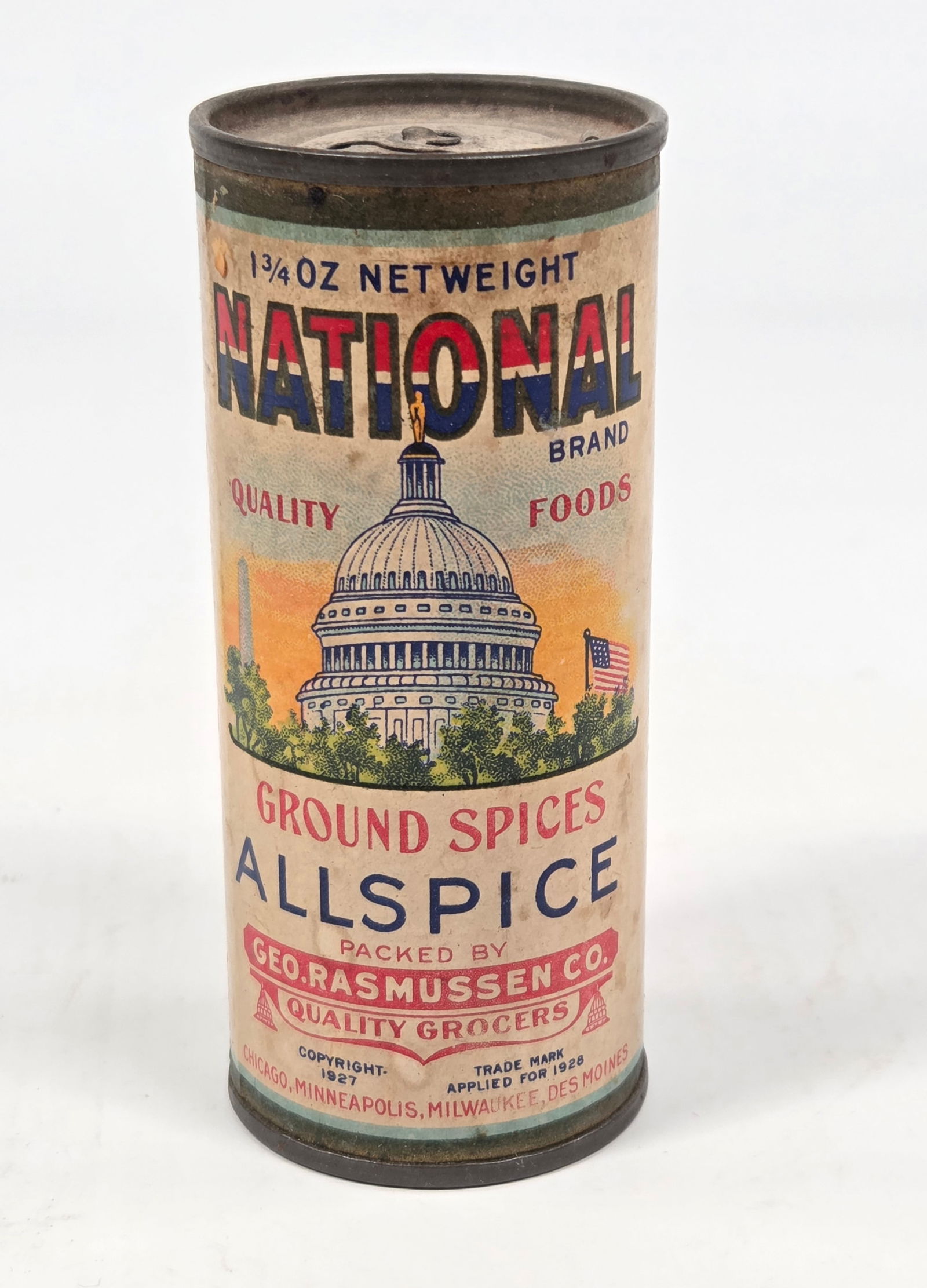 GEO. RASMUSSEN CO. NATIONAL ALLSPICE TIN W/ PAPER LABEL: REMAINS IN GOOD CONDITION, SHOWING SOME TYPICAL WEAR.