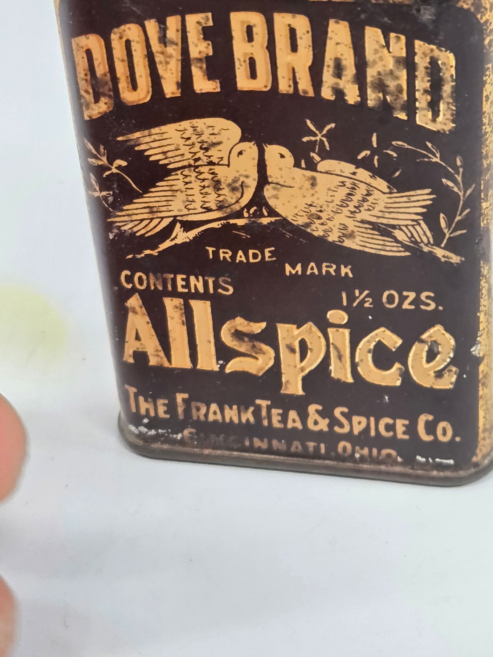 FRANK TEA & SPICE CO. DOVE BRAND ALLSPICE TIN: REMAINS IN FAIR TO GOOD CONDITION, SHOWING SOME TYPICAL WEAR.