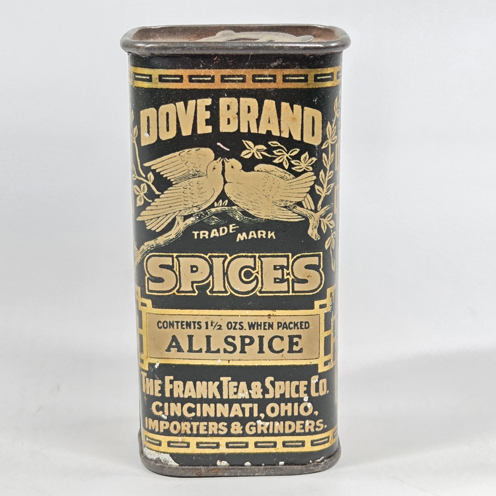 FRANK TEA & SPICE CO. DOVE BRAND ALLSPICE TIN: REMAINS IN GOOD CONDITION, SHOWING SOME TYPICAL WEAR.