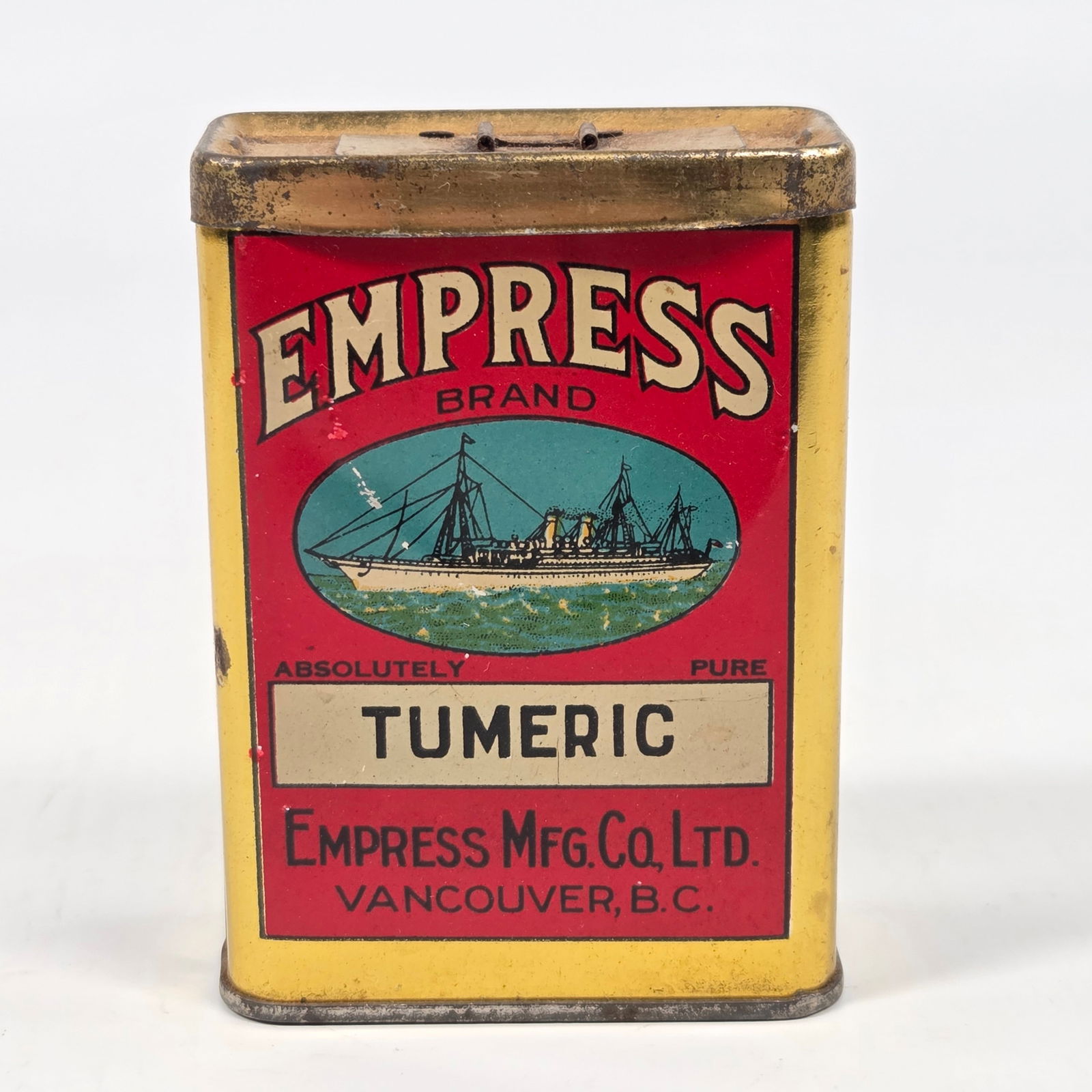 EMPRESS BRAND MFG. CO. LTD. TURMERIC SPICE TIN: REMAINS IN GOOD CONDITION, SHOWING SOME TYPICAL WEAR.