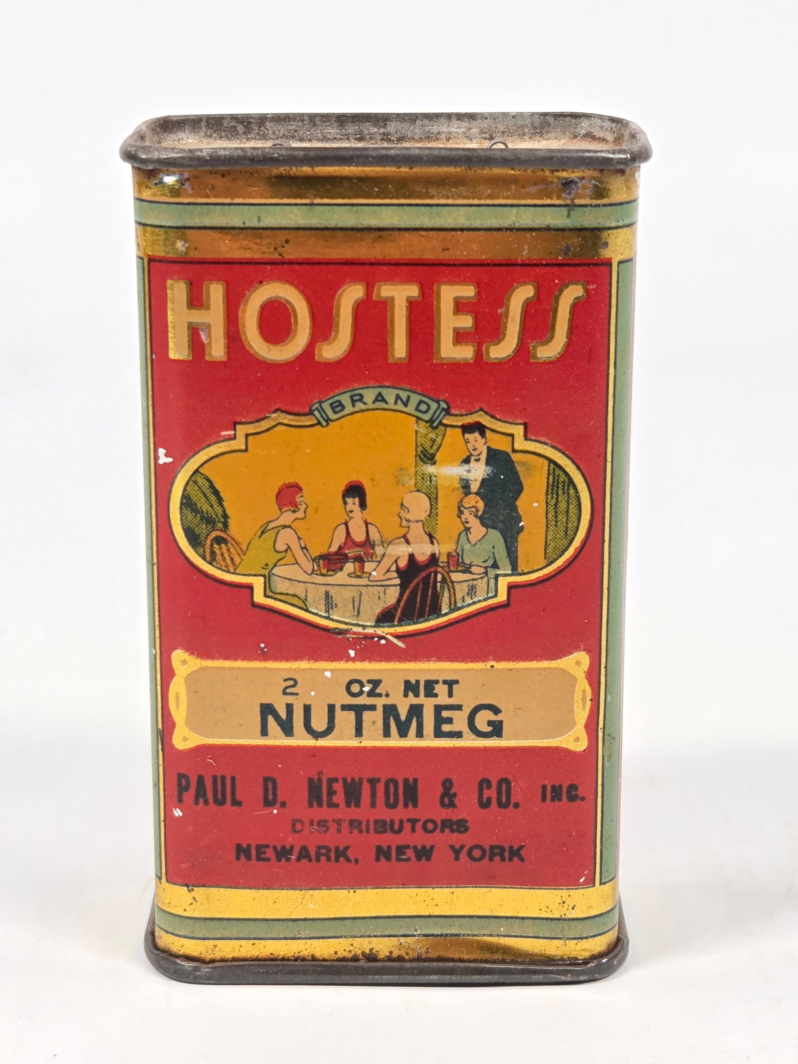 PAUL D. NEWTON & CO. HOSTESS BRAND 2 OZ. NUTMEG TIN: REMAINS IN GOOD CONDITION, SHOWING SOME TYPICAL WEAR.
