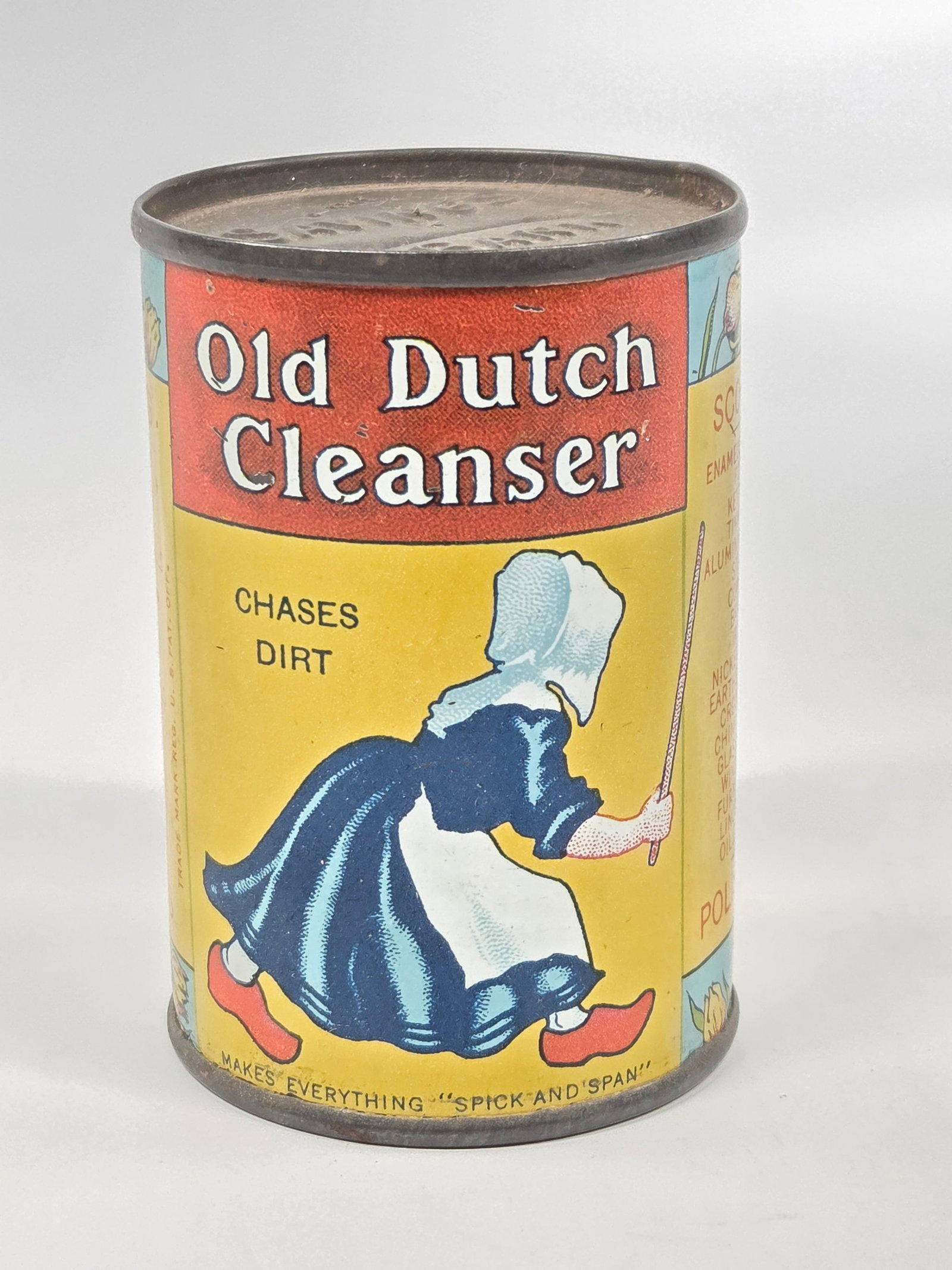 OLD DUTCH CLEANSER ADVERTISING TIN BANK: REMAINS IN GOOD CONDITION, SHOWING SOME TYPICAL WEAR.