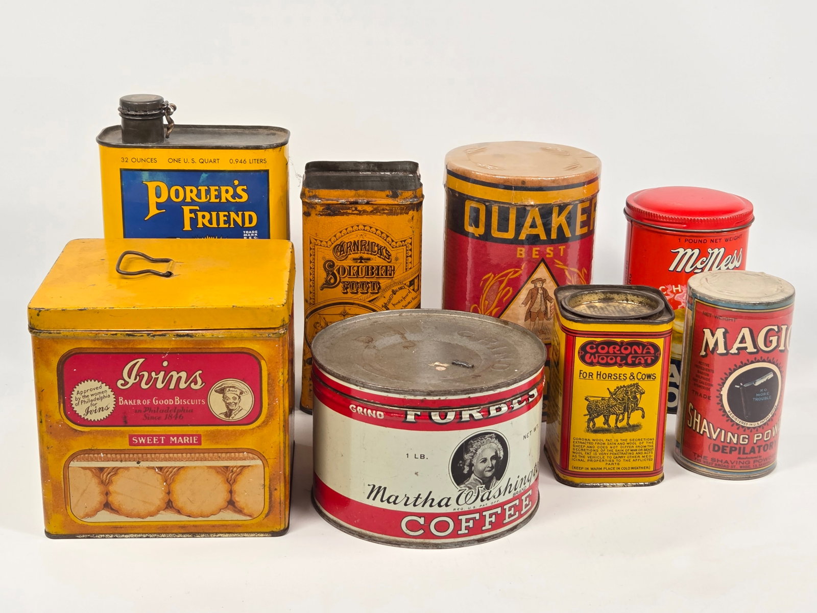 VARIOUS ANTIQUE ADVERTISING TINS: ALL REMAIN IN GOOD CONDITION, SHOWING SOME TYPICAL WEAR.