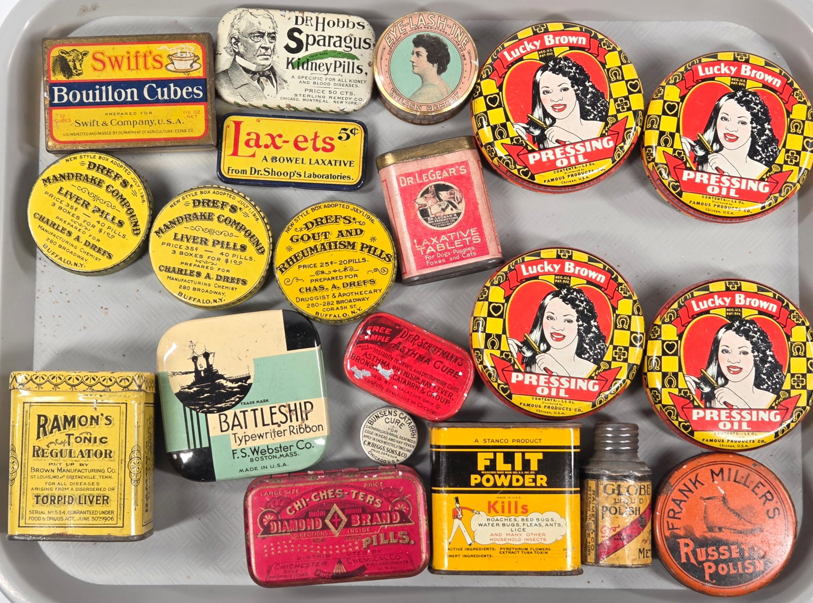 VARIOUS ANTIQUE ADVERTISING TINS: ALL REMAIN IN GOOD CONDITION, SHOWING SOME TYPICAL WEAR.