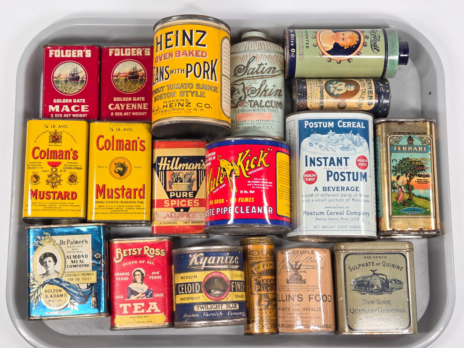VARIOUS ANTIQUE ADVERTISING TINS: ALL REMAIN IN GOOD CONDITION, SHOWING SOME TYPICAL WEAR.