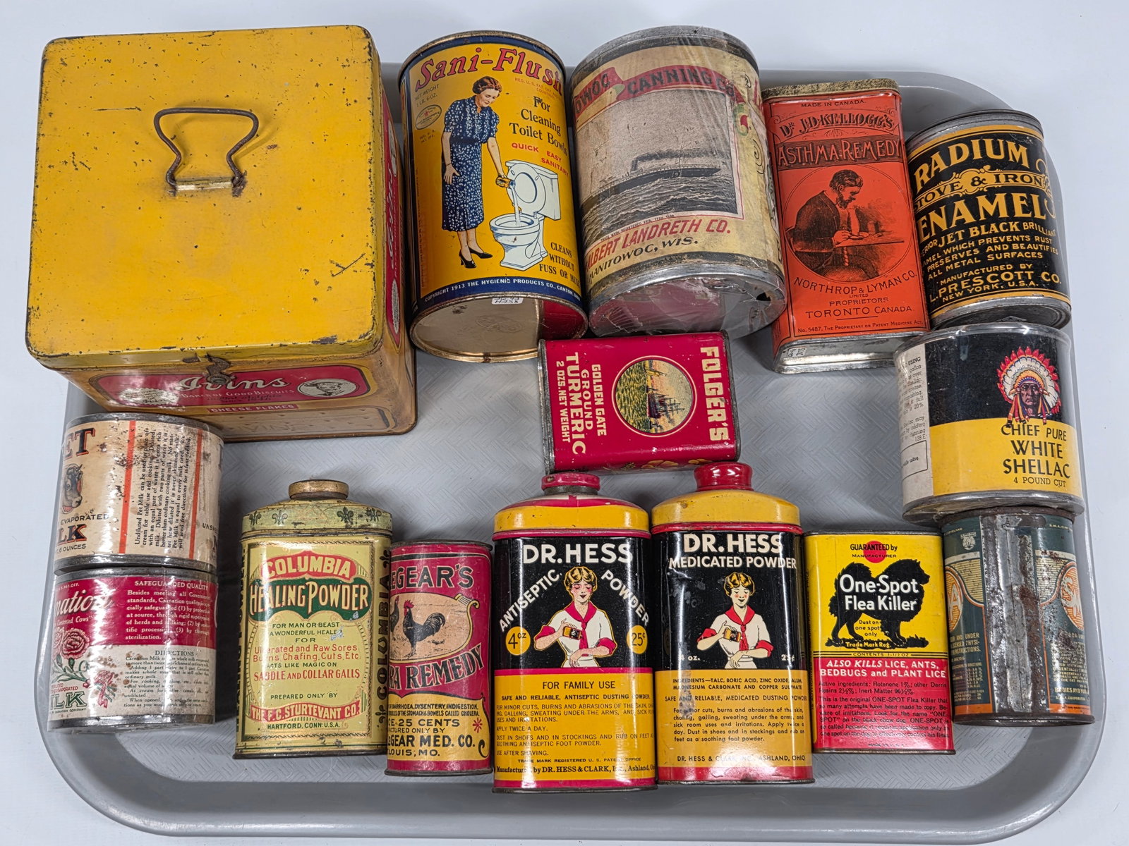 VARIOUS ANTIQUE ADVERTISING TINS: ALL REMAIN IN GOOD CONDITION, SHOWING SOME TYPICAL WEAR.