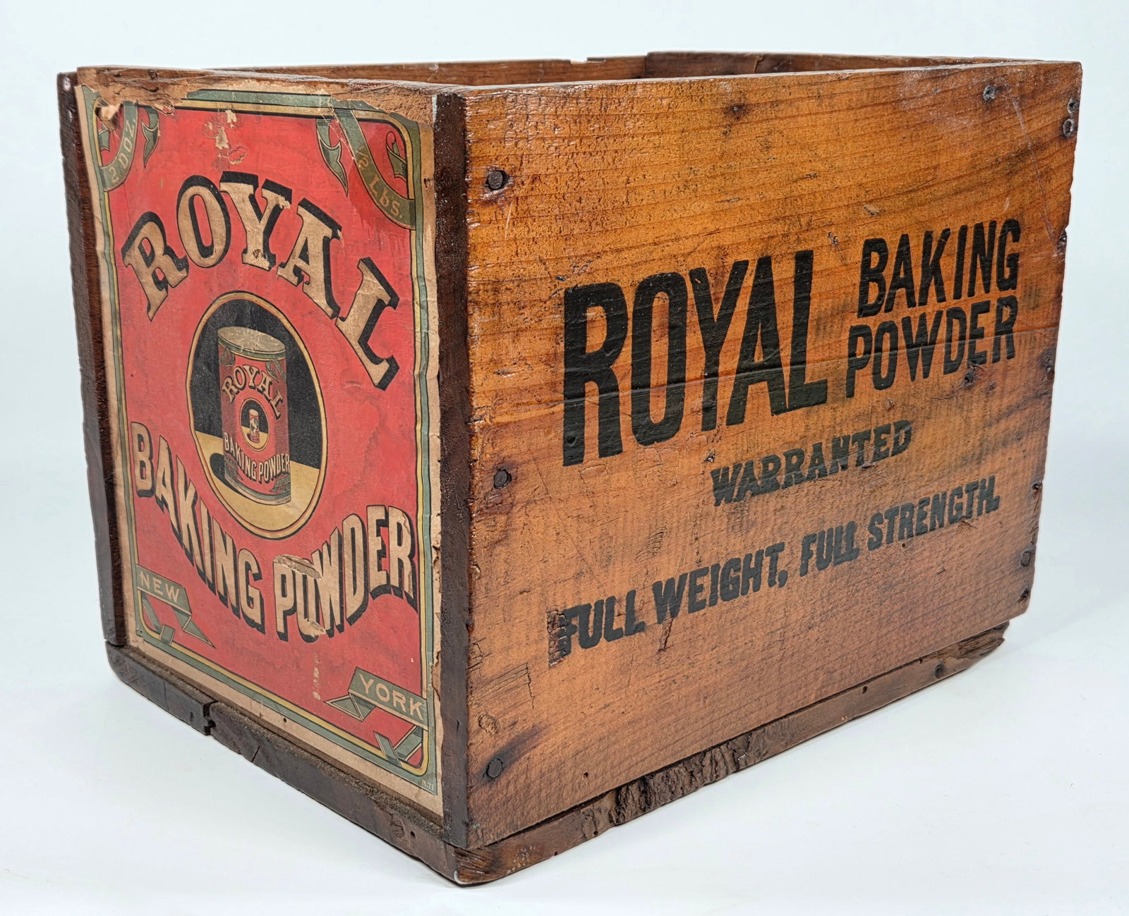 ANTIQUE ROYAL BAKING POWDER WOOD STORE BOX W/ LABEL: REMAINS IN GOOD CONDITION, SHOWING SOME TYPICAL WEAR. HAS WEAR ALONG TOP EDGE OF PAPER LABEL. REMAINING SIDES HAVE BE SHELLACKED.