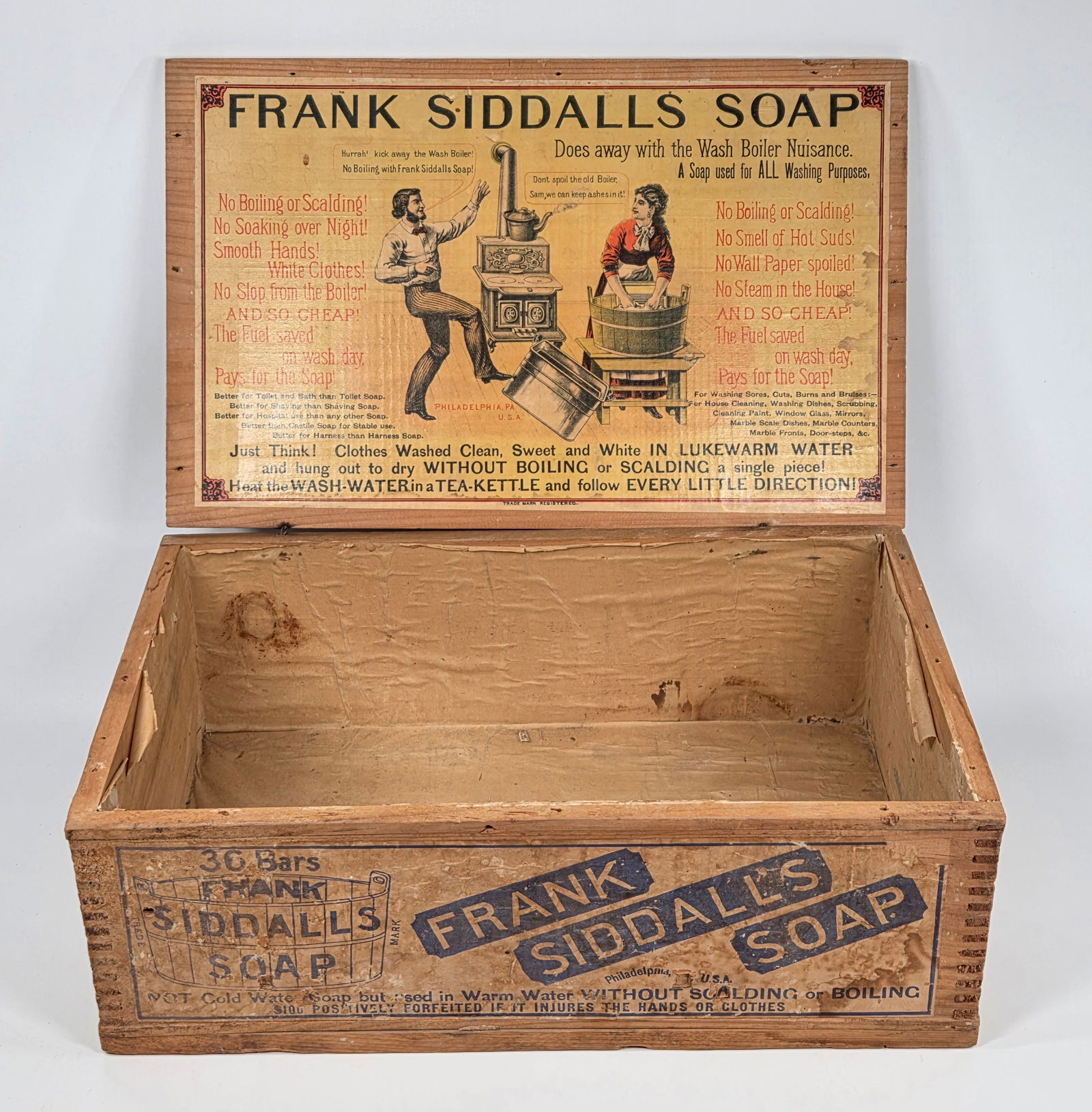 FRANK SIDDALL'S SOAP COUNTRY STORE WOOD BOX DISPLAY: REMAINS IN GOOD ORIGINAL CONDITION. BOX LINED WITH BLANK PAPER. FRONT LABEL ON OUTSIDE OF BOX SHOWING SOME WEAR WITH SOME STAINING. ORIGINAL LABEL ON INTERIOR OF LID REMAINS IN VERY GOOD CONDITION.