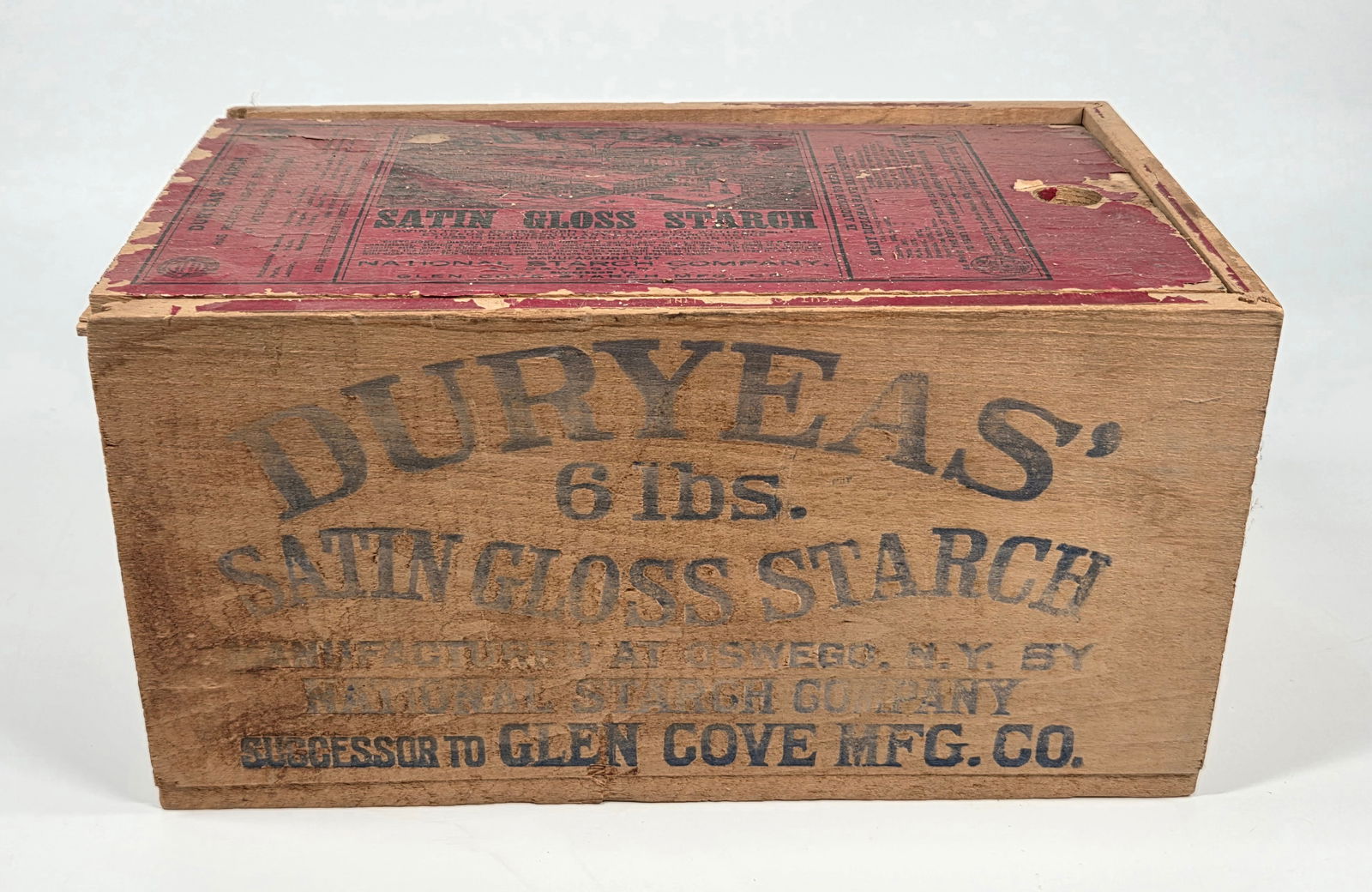 DURYEA'S' SATIN GLOSS STARCH WOOD BOX W/ PAPER LABEL: BOX AND LABELS REMAIN IN GOOD ORIGINAL CONDITION, SHOWING SOME TYPICAL WEAR. SMALL EDGE TEARS TO LABELS.