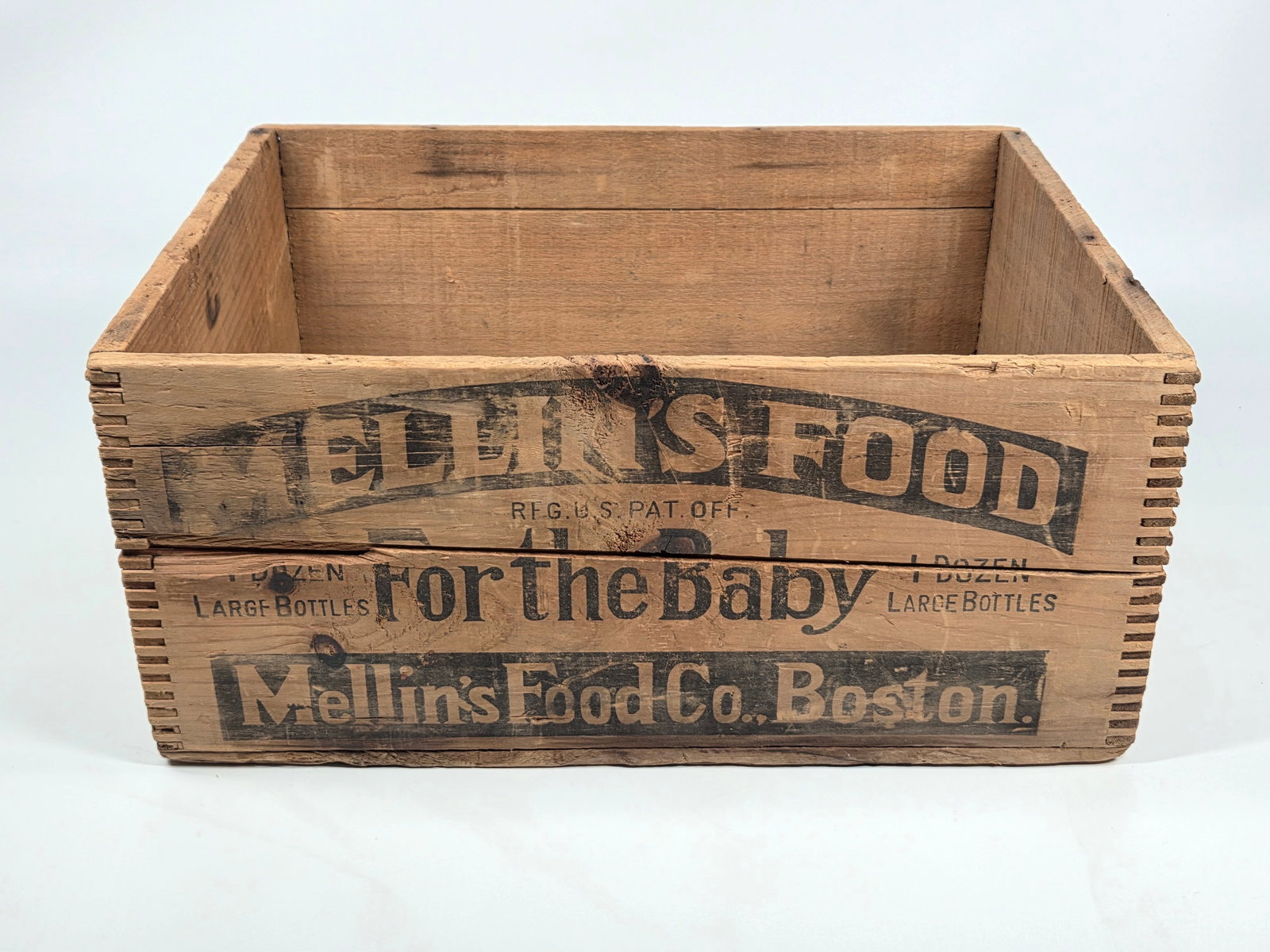 MELLIN'S BABY FOOD COUNTRY STORE WOOD BOX: REMAINS IN GOOD ORIGINAL CONDITION, SHOWING SOME TYPICAL WEAR.