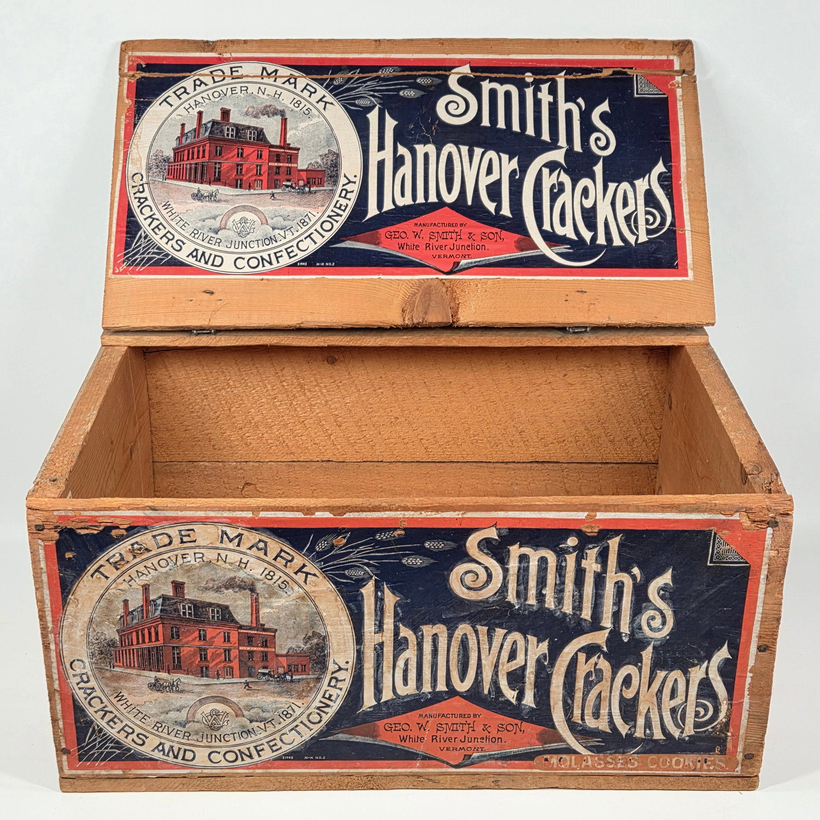 GEO. W. SMITH & SON HANOVER CRACKERS WOOD BOX: REMAINS IN GOOD ORIGINAL CONDITION, SHOWING SOME TYPICAL WEAR. BOTH LABELS REMAIN IN GOOD CONDITION, SHOWING WEAR WITH TEARS.
