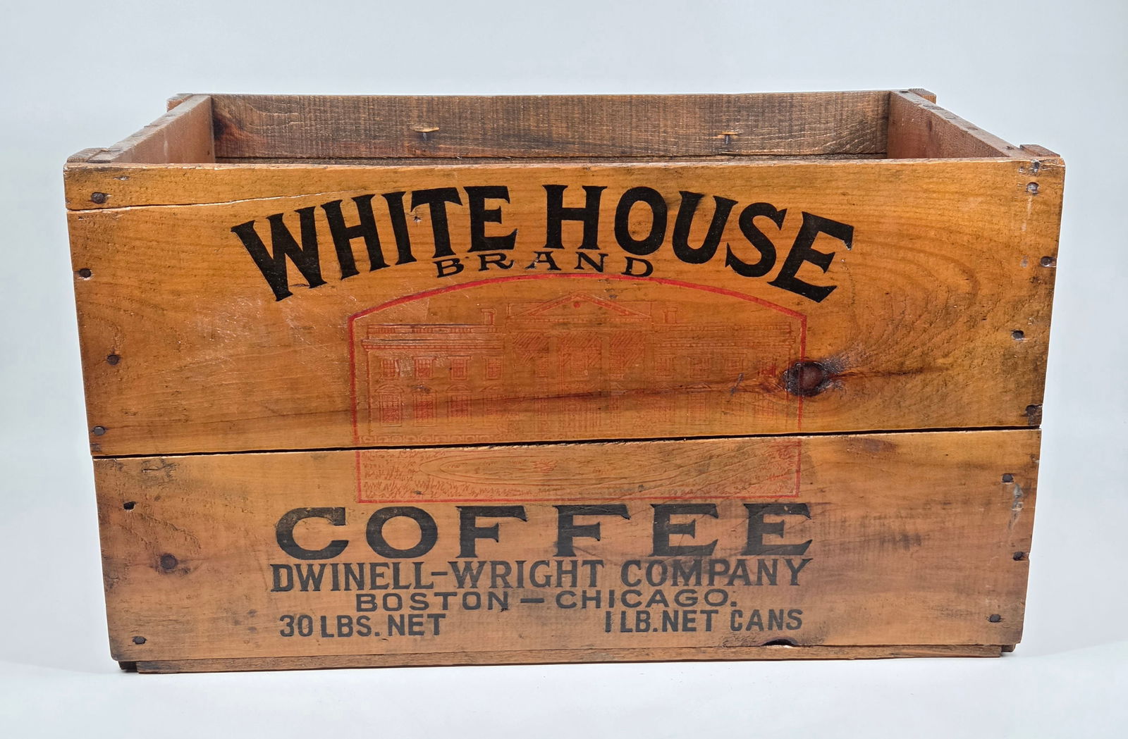 LARGE WHITE HOUSE BRAND COFFEE COUNTRY STORE BOX: REMAINS IN GOOD CONDITION, SHOWING SOME TYPICAL WEAR. BOX SIDES HAVE BEEN SHELLACKED.