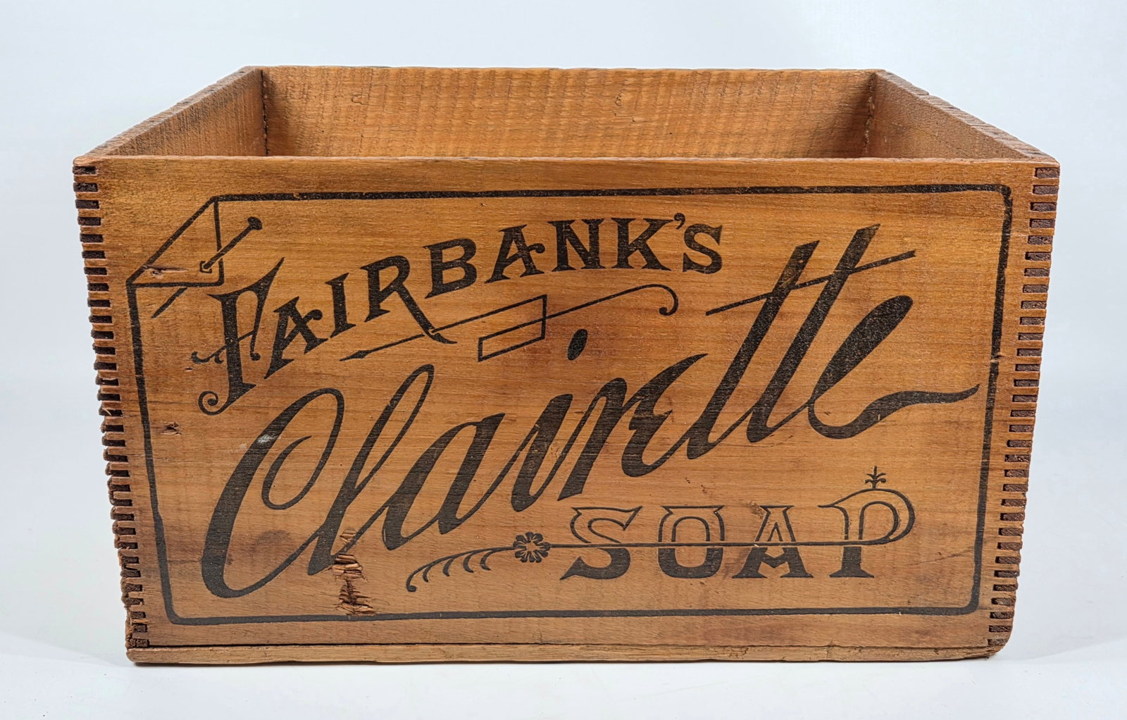 FAIRBANKS CLAIRETTE SOAP COUNTRY STORE WOOD BOX: REMAINS IN GOOD ORIGINAL CONDITION, SHOWING SOME TYPICAL WEAR.
