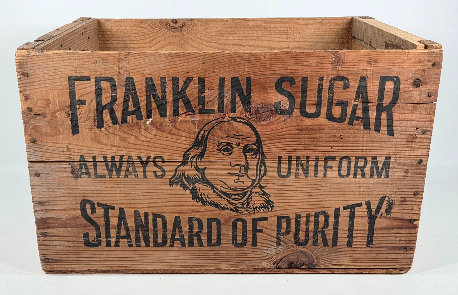 LARGE FRANKLIN SUGAR COUNTRY STORE WOOD BOX: REMAINS IN GOOD ORIGINAL CONDITION, SHOWING SOME TYPICAL WEAR.