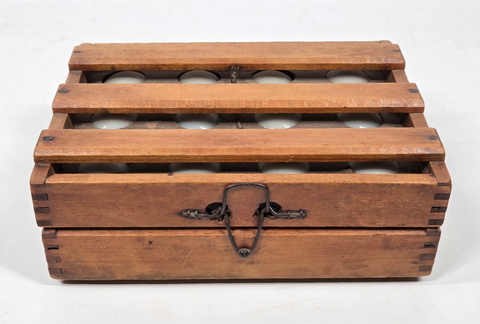 ANTIQUE DUPLEX WOOD EGG CRATE W/ GLASS EGGS: REMAINS IN GOOD ORIGINAL CONDITION, SHOWING SOME TYPICAL WEAR.