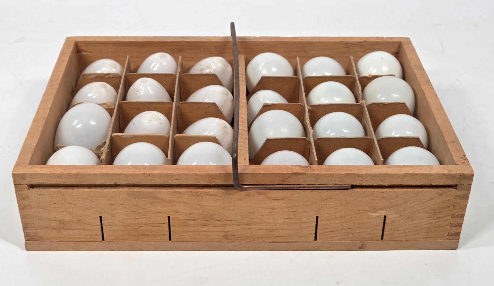 ANTIQUE WOOD EGG CRATE W/ GLASS EGGS: REMAINS IN GOOD CONDITION, SHOWING SOME TYPICAL WEAR.