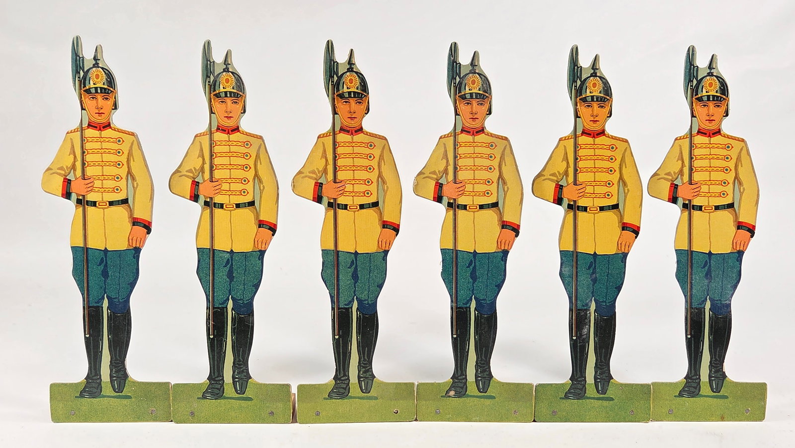 VARIOUS McLOUGHLIN CARDBOARD SOLDIER GAME PIECES: ALL REMAIN IN FAIR TO GOOD CONDITION, SOME SHOWING MORE WEAR THAN OTHERS.